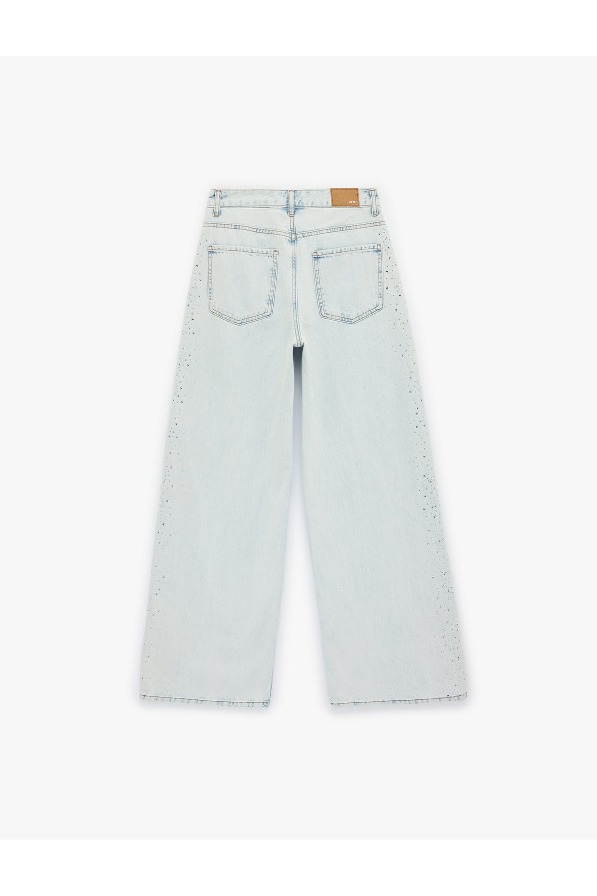 Pamuklu Düğmeli Cepli Geniş Paça Taşlı Denim Pantolon - Wide Leg Jeans