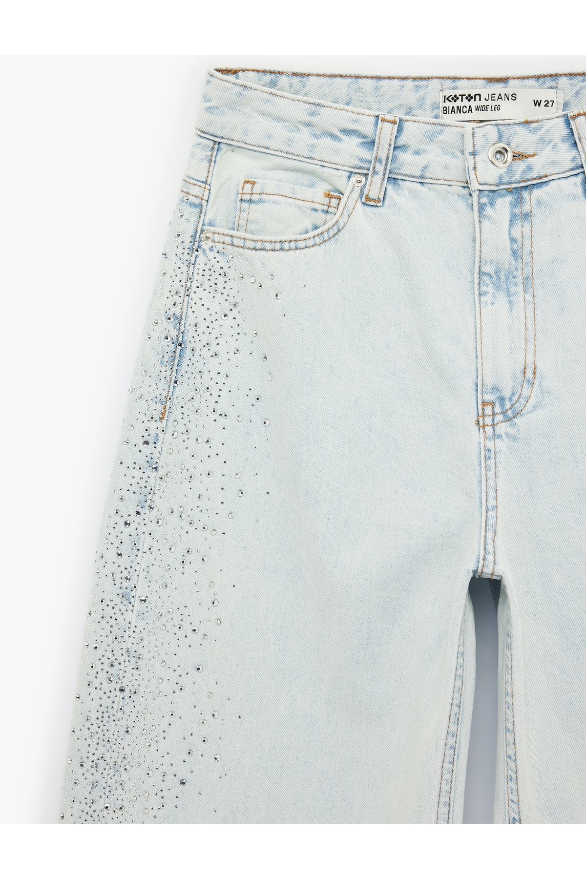 Pamuklu Düğmeli Cepli Geniş Paça Taşlı Denim Pantolon - Wide Leg Jeans