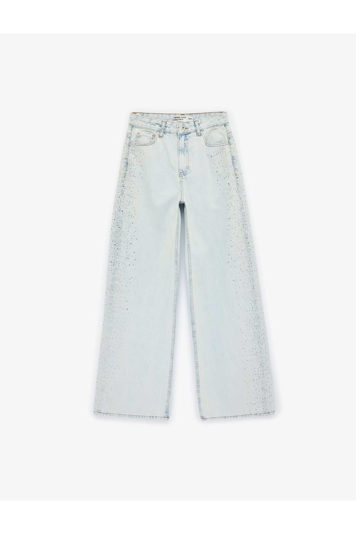 Pamuklu Düğmeli Cepli Geniş Paça Taşlı Denim Pantolon - Wide Leg Jeans