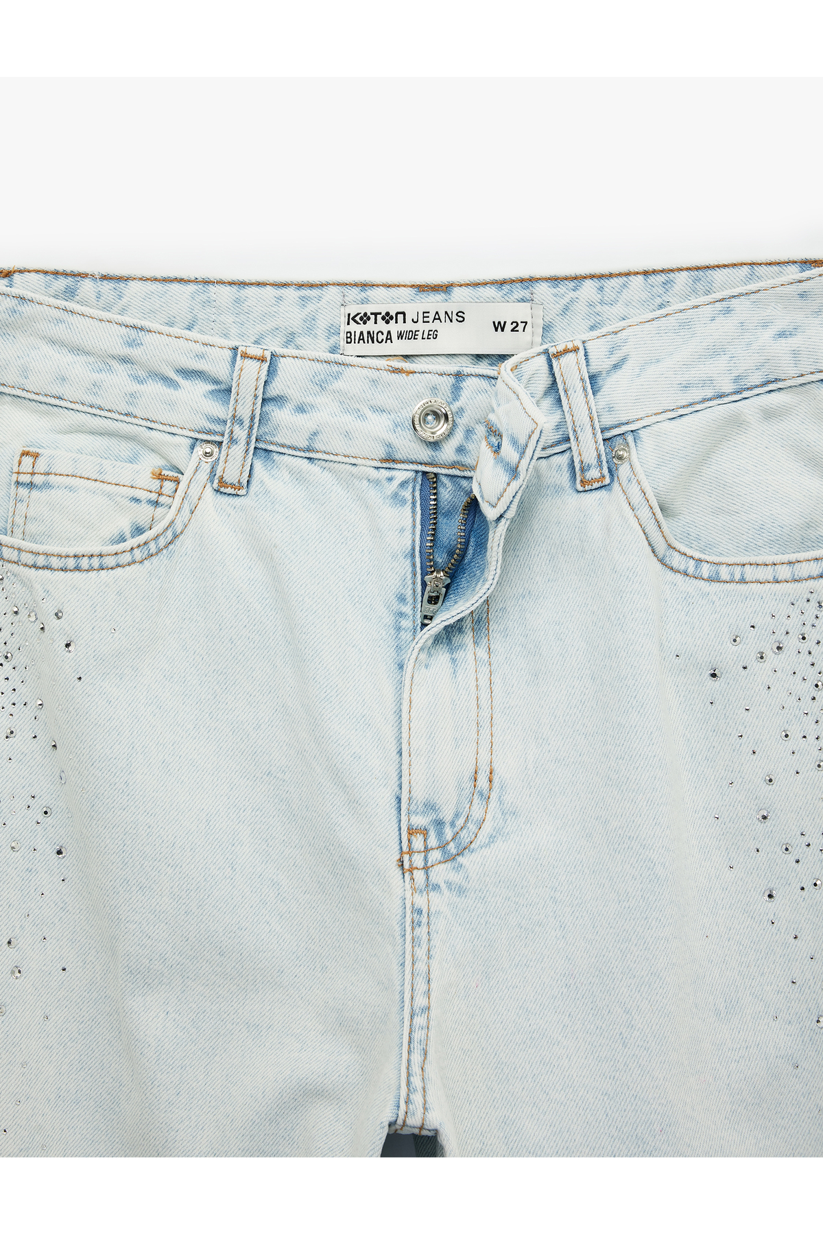 Pamuklu Düğmeli Cepli Geniş Paça Taşlı Denim Pantolon - Wide Leg Jeans