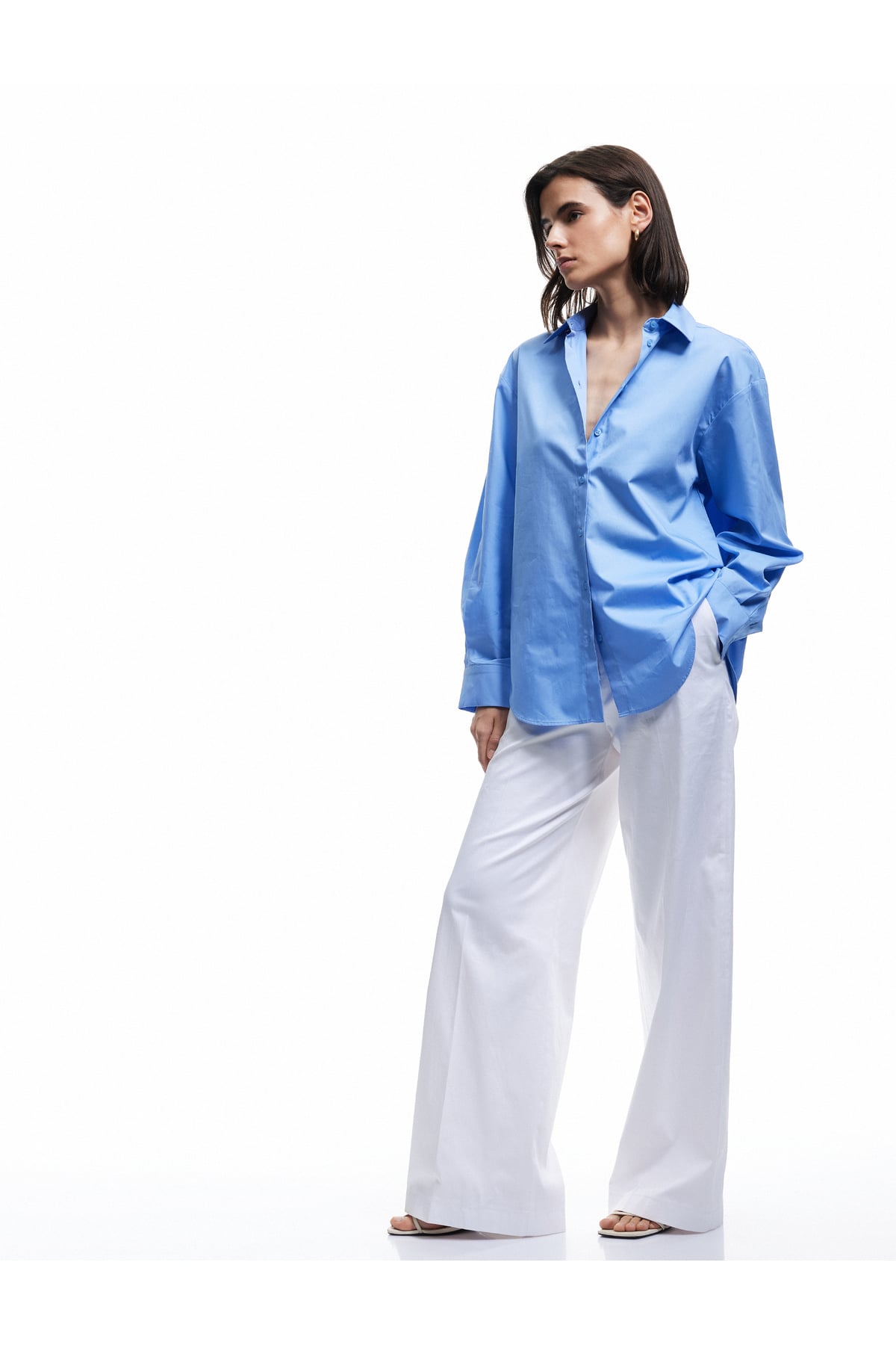 Pamuklu Düğmeli Uzun Kollu Oversize Gömlek