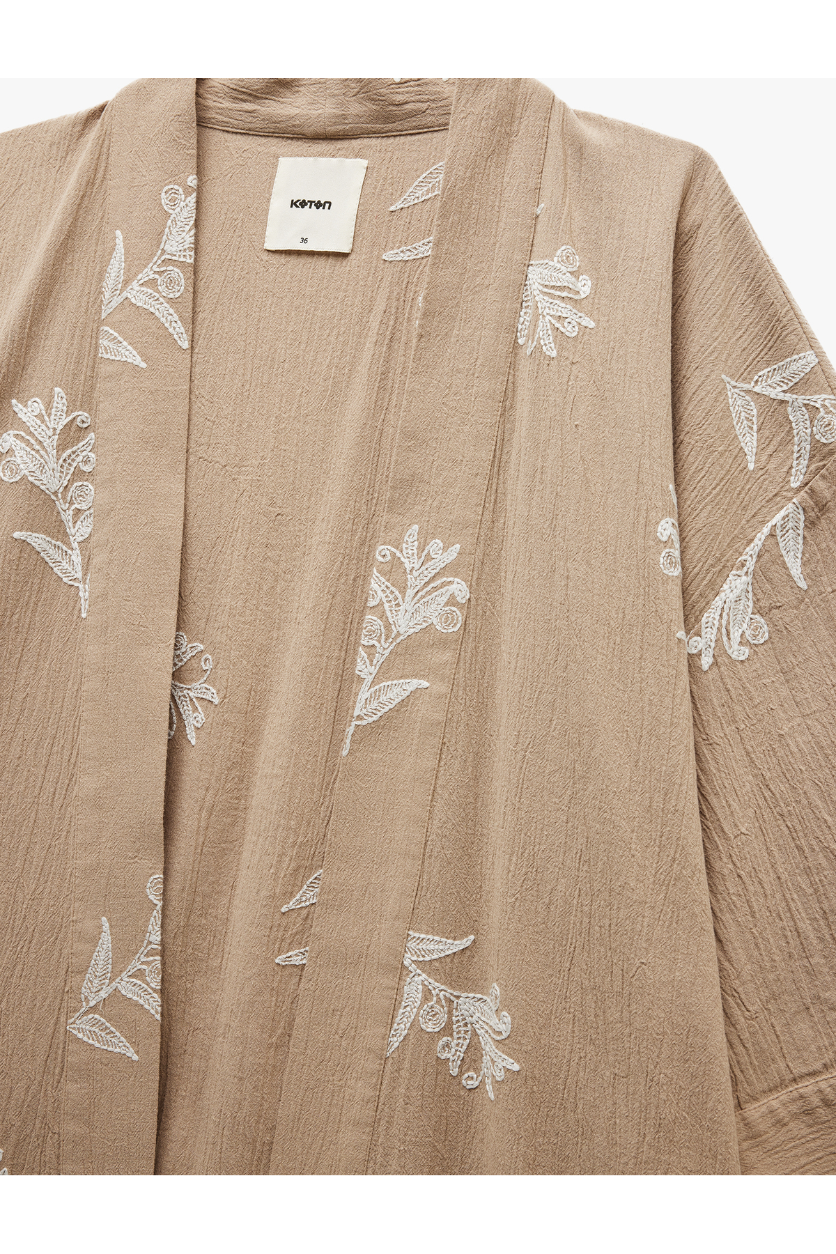 Pamuklu Geniş Kollu Nakışlı Çiçekli Uzun Kimono