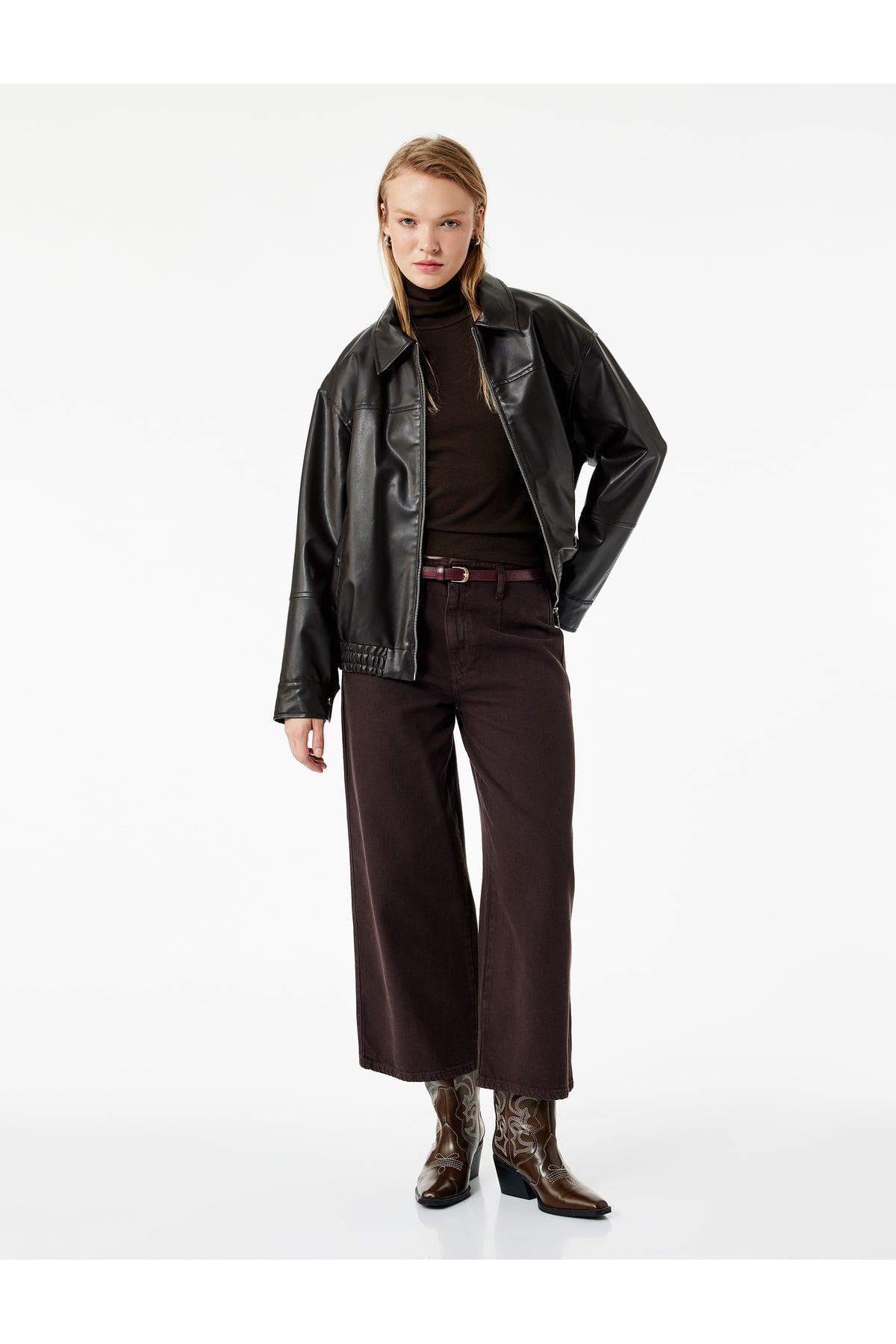 Pamuklu Geniş Paça Kemerli Crop Pantolon - Wide Leg Jeans