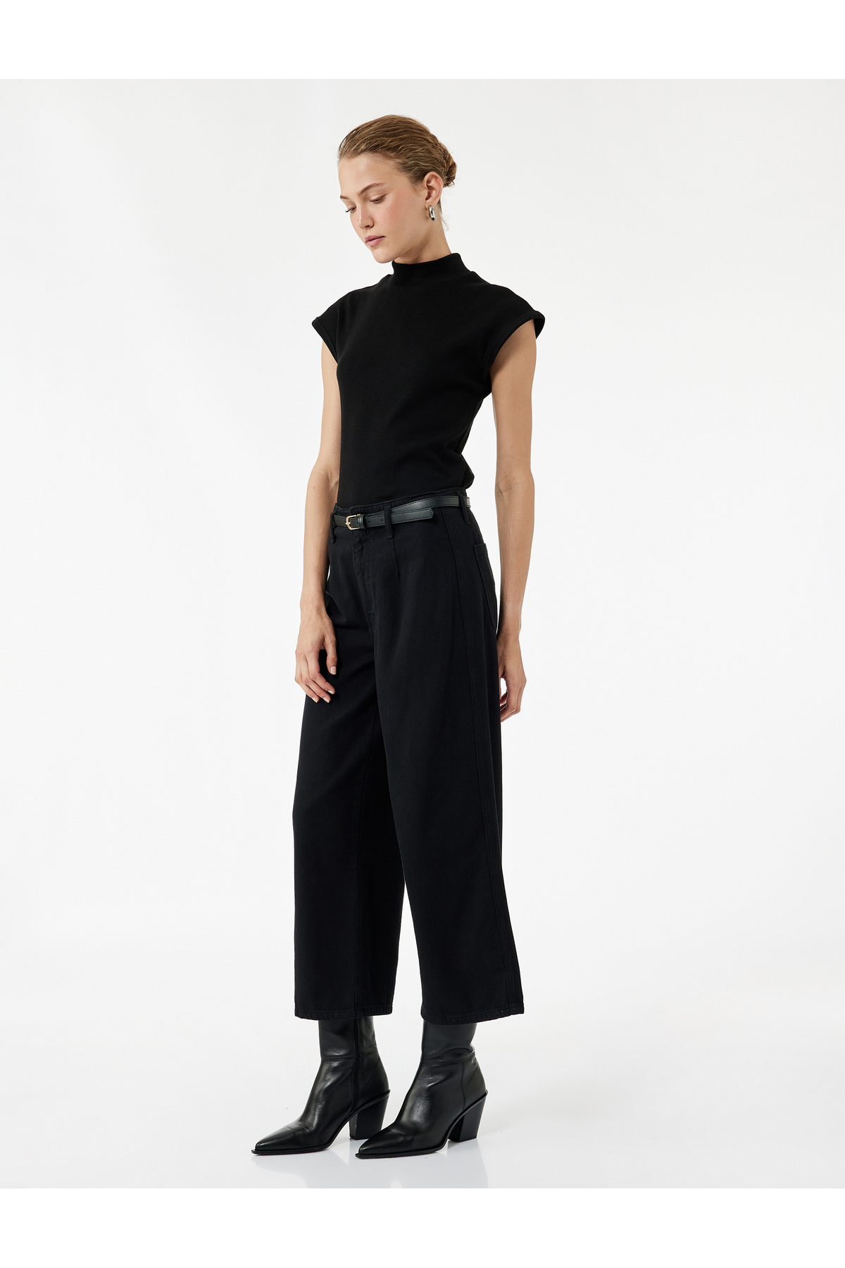 Pamuklu Geniş Paça Kemerli Crop Pantolon - Wide Leg Jeans