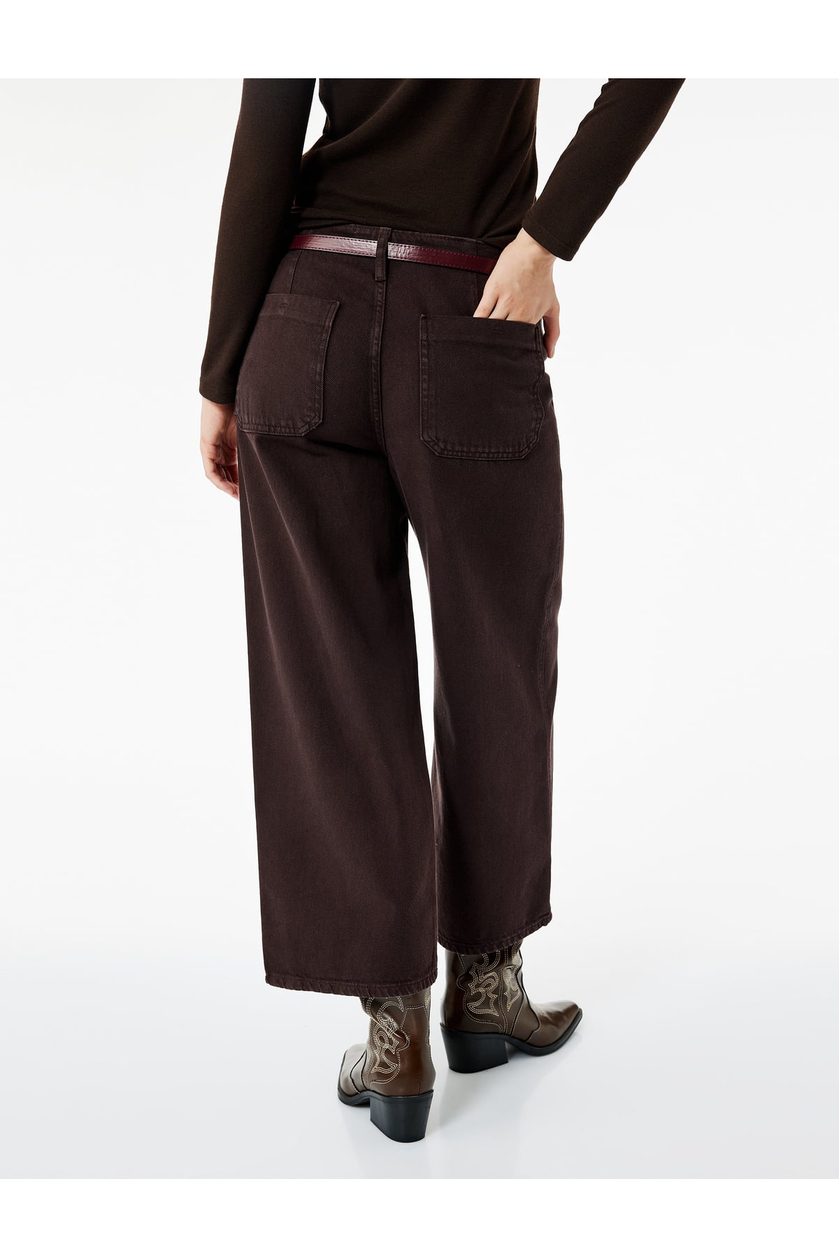 Pamuklu Geniş Paça Kemerli Crop Pantolon - Wide Leg Jeans