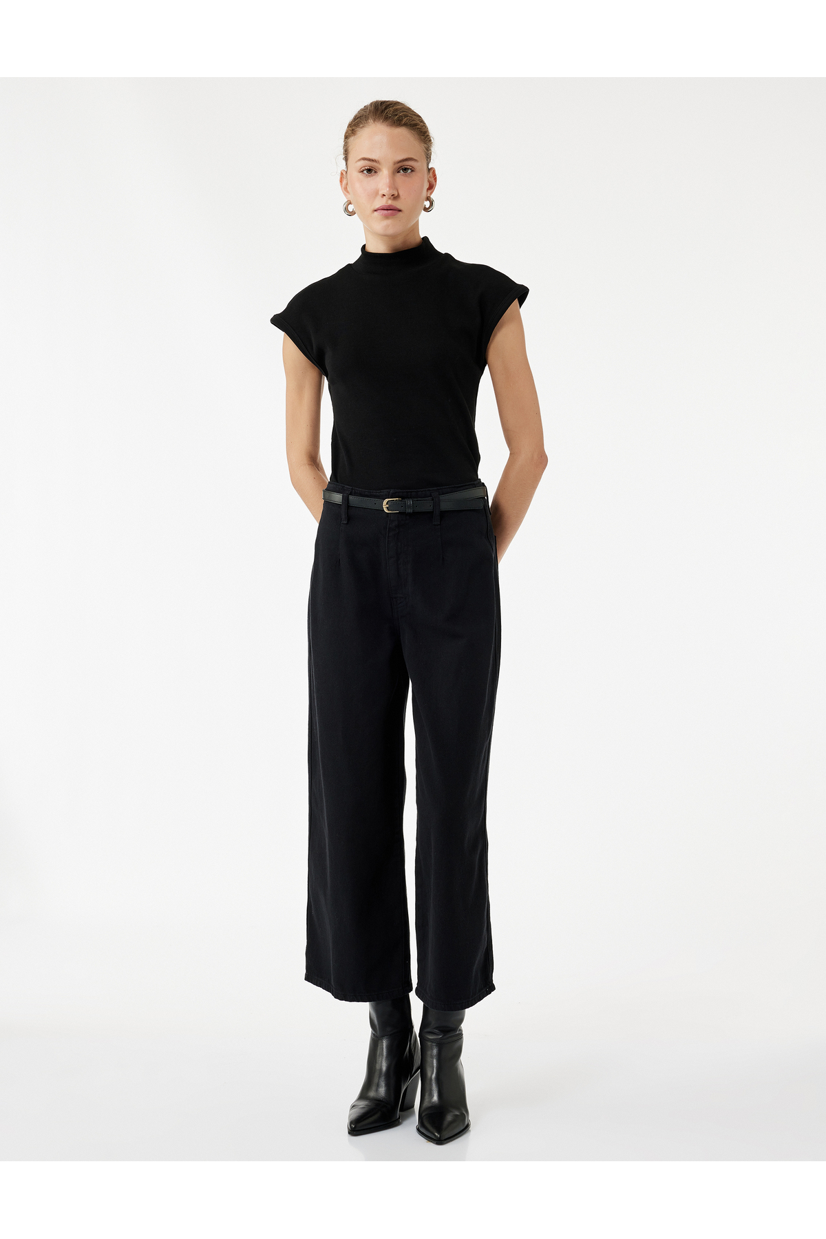 Pamuklu Geniş Paça Kemerli Crop Pantolon - Wide Leg Jeans