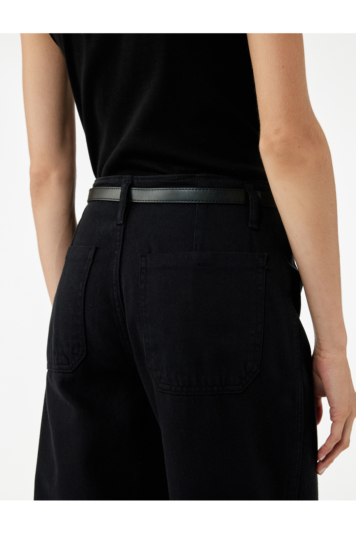 Pamuklu Geniş Paça Kemerli Crop Pantolon - Wide Leg Jeans