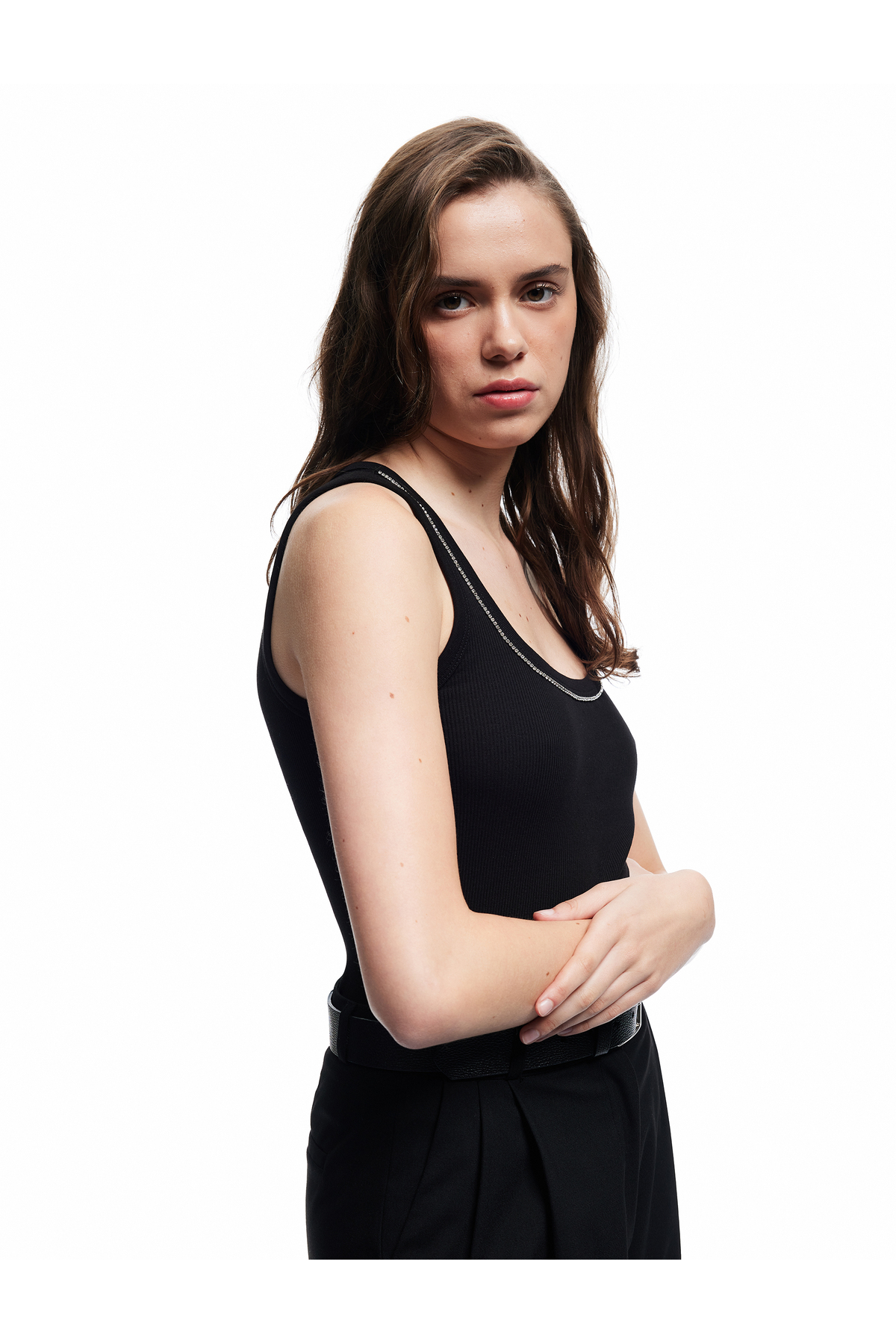 Pamuklu Kaşkorse Slim Fit U Yaka Boncuk İşlemeli Fitilli Atlet