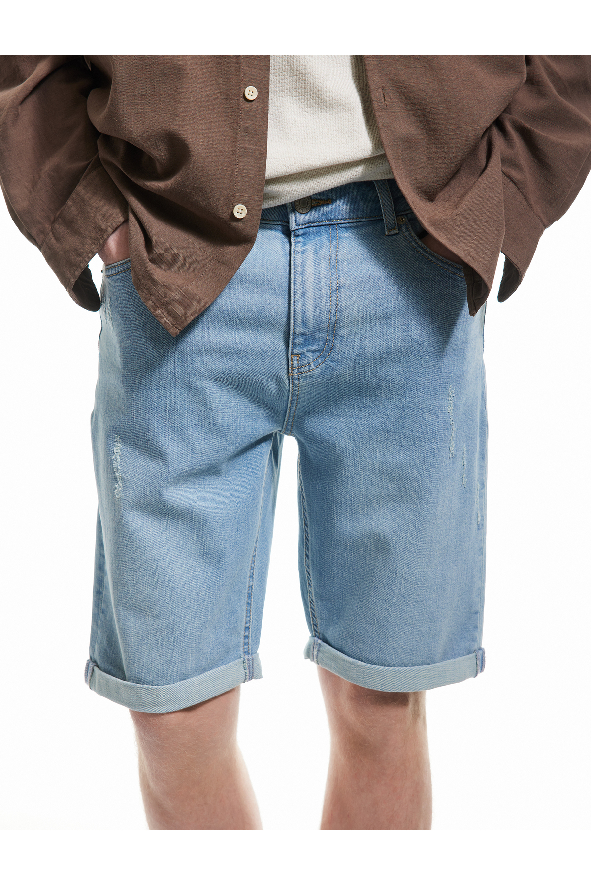 Pamuklu Katlamalı Paça Bermuda Slim Fit Denim Şort
