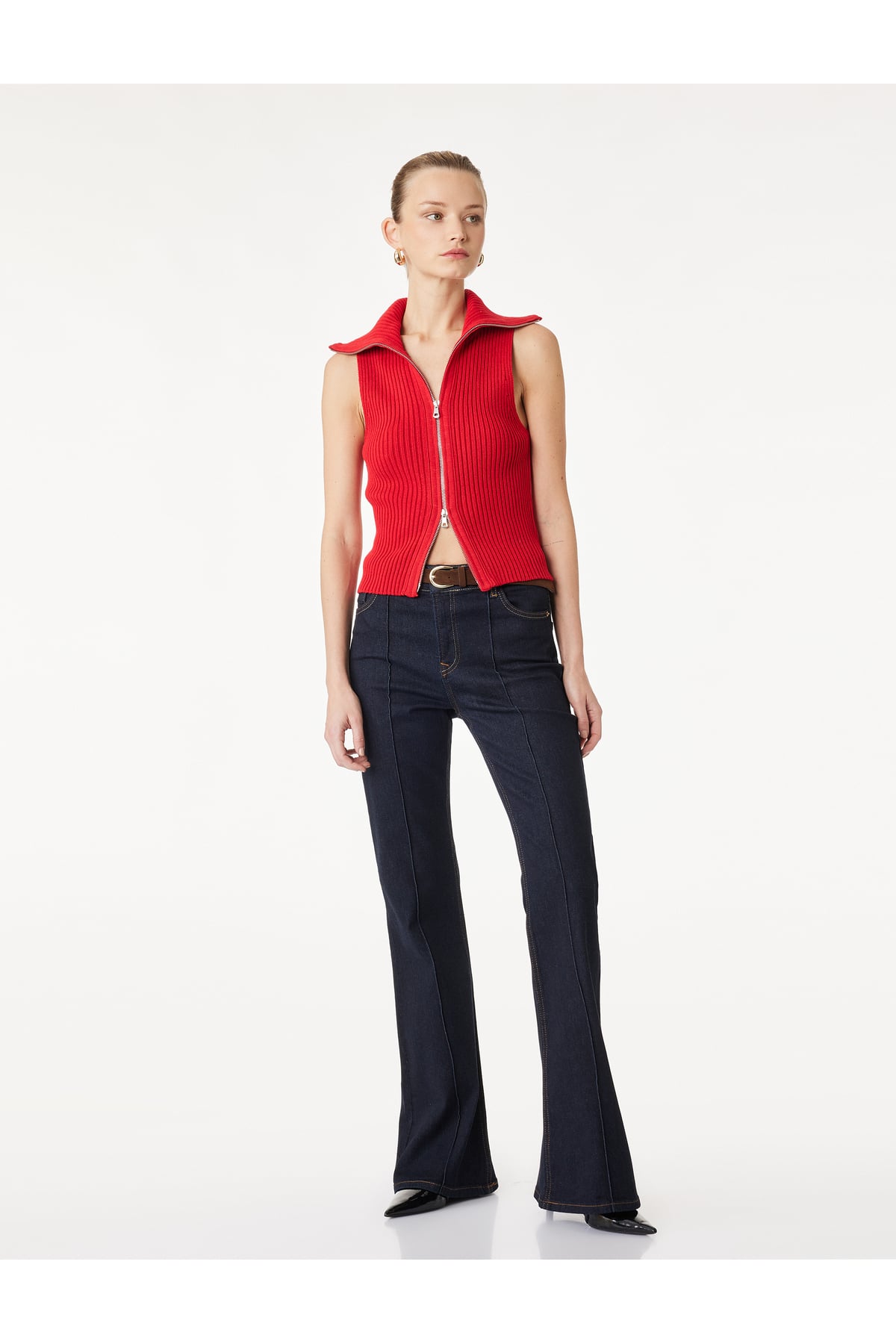 Pamuklu Kemerli İspanyol Paça Dar Kesim Denim Pantolon - Flare Jeans