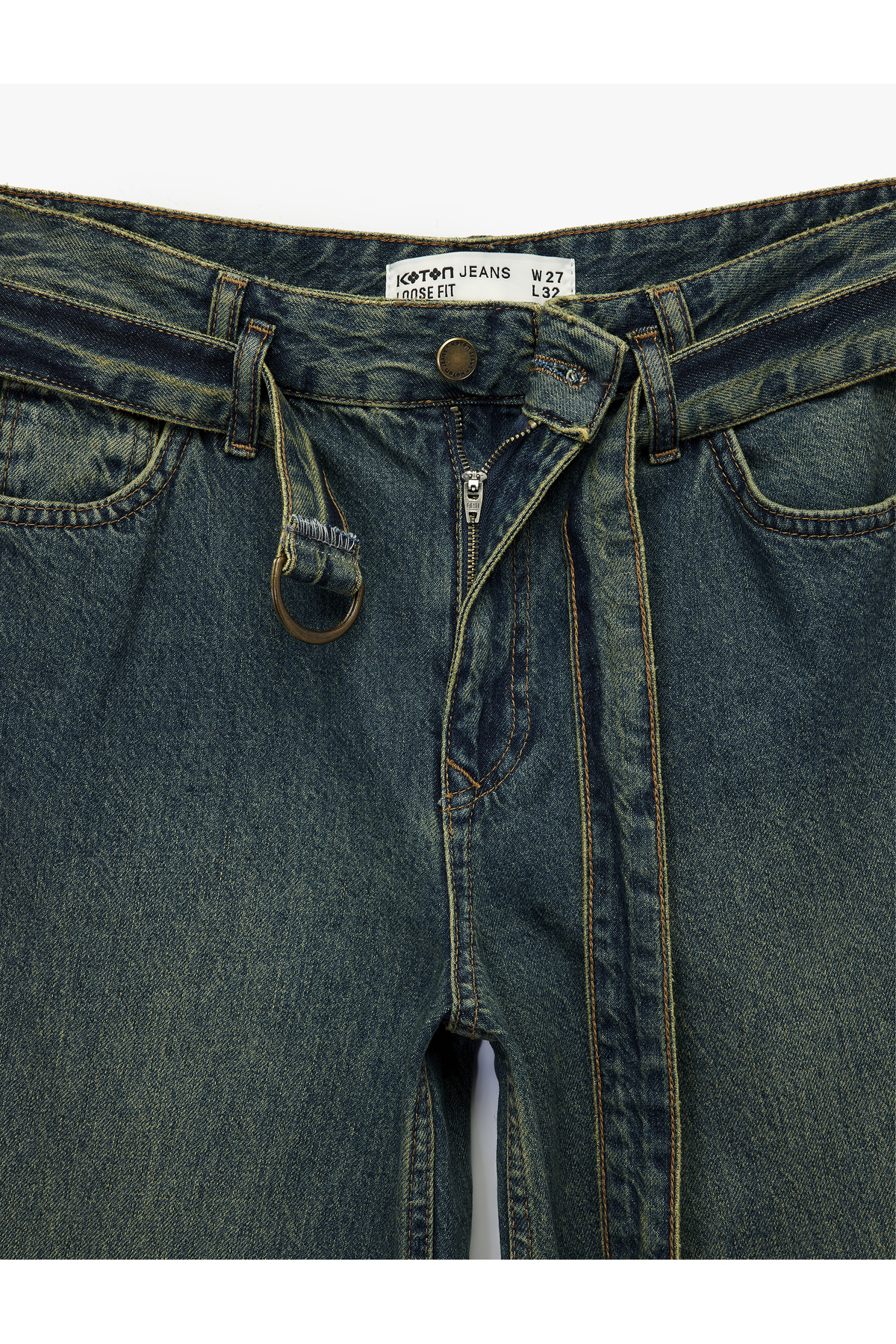 Pamuklu Normal Bel Kemerli Uzun Bol Paça Jean Pantolon - Loose Straight Fit Jean