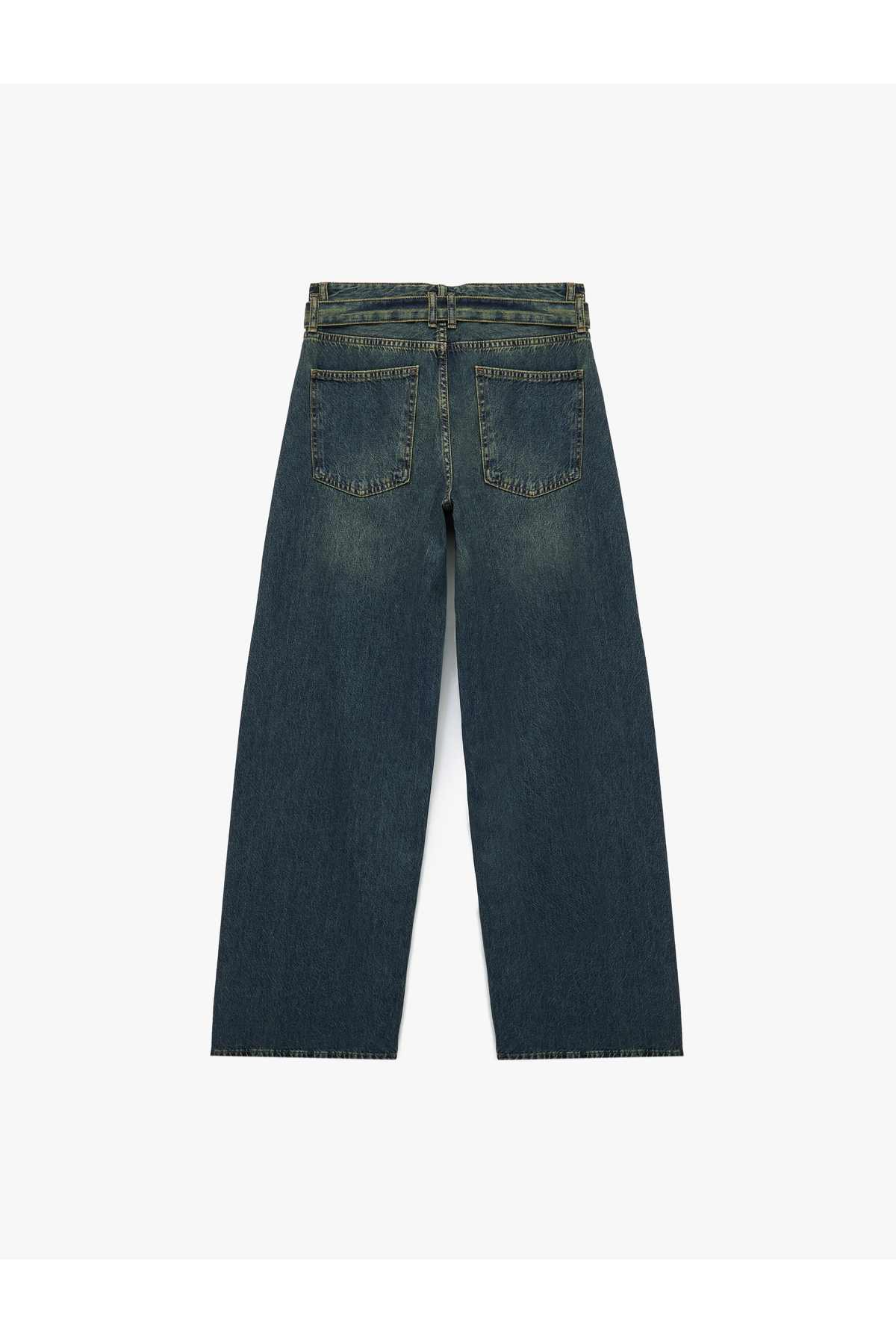 Pamuklu Normal Bel Kemerli Uzun Bol Paça Jean Pantolon - Loose Straight Fit Jean