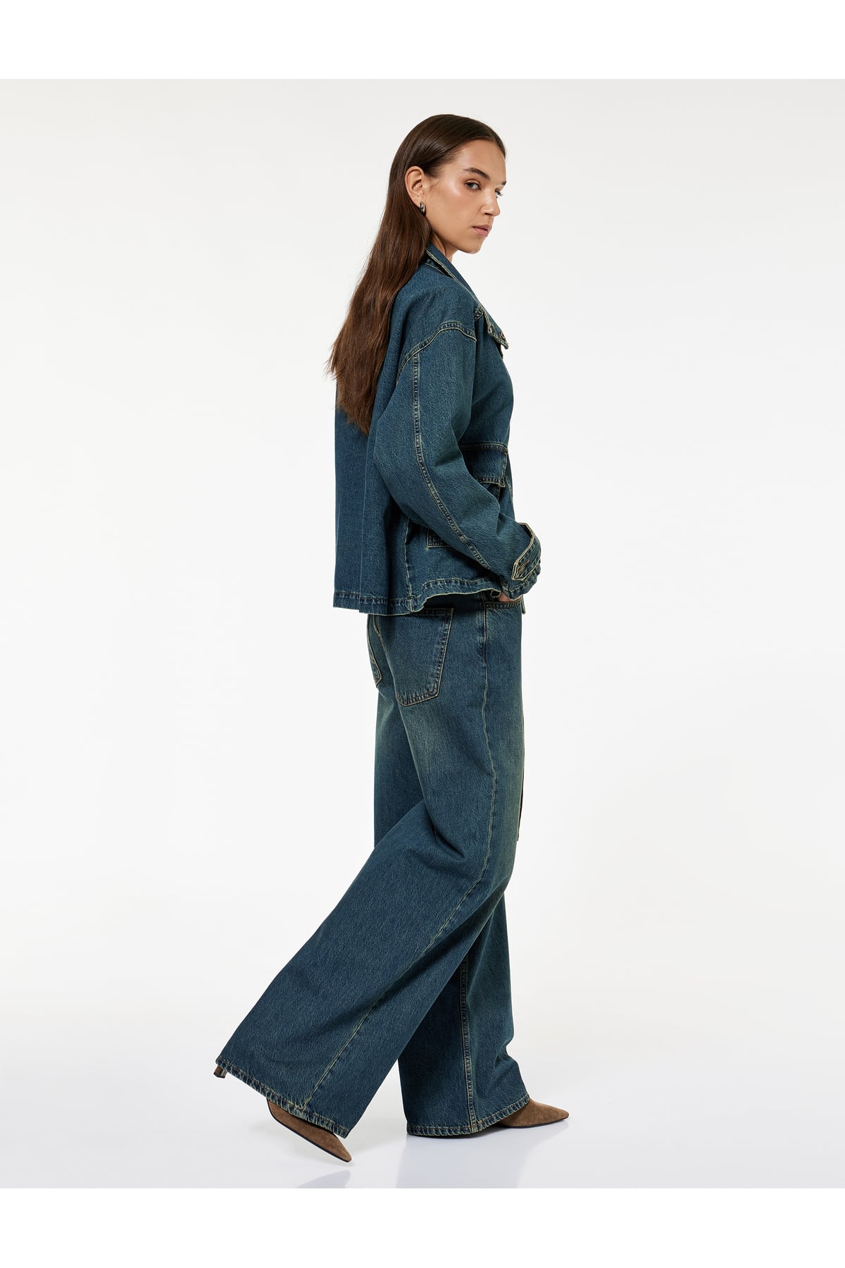 Pamuklu Normal Bel Kemerli Uzun Bol Paça Jean Pantolon - Loose Straight Fit Jean