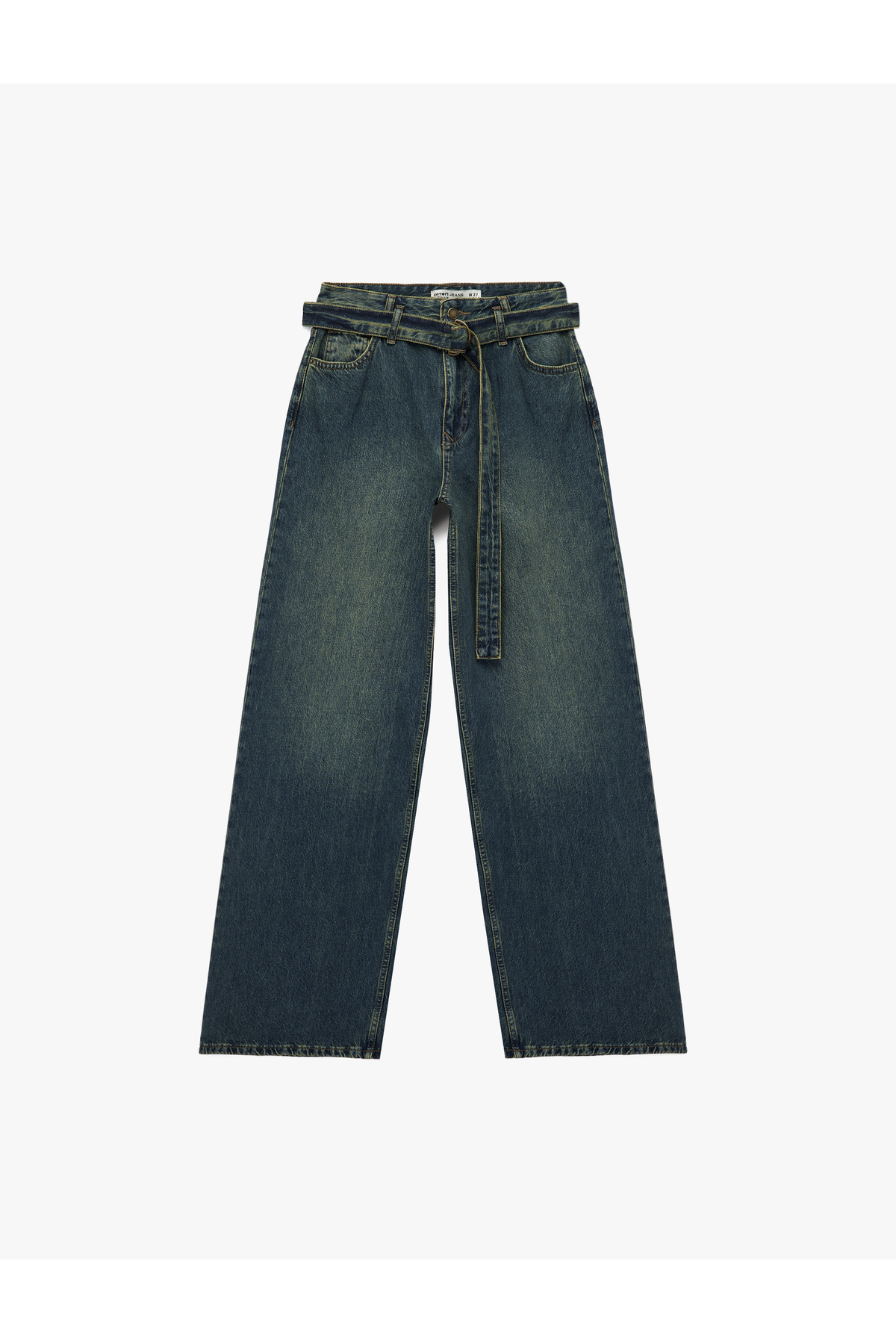 Pamuklu Normal Bel Kemerli Uzun Bol Paça Jean Pantolon - Loose Straight Fit Jean