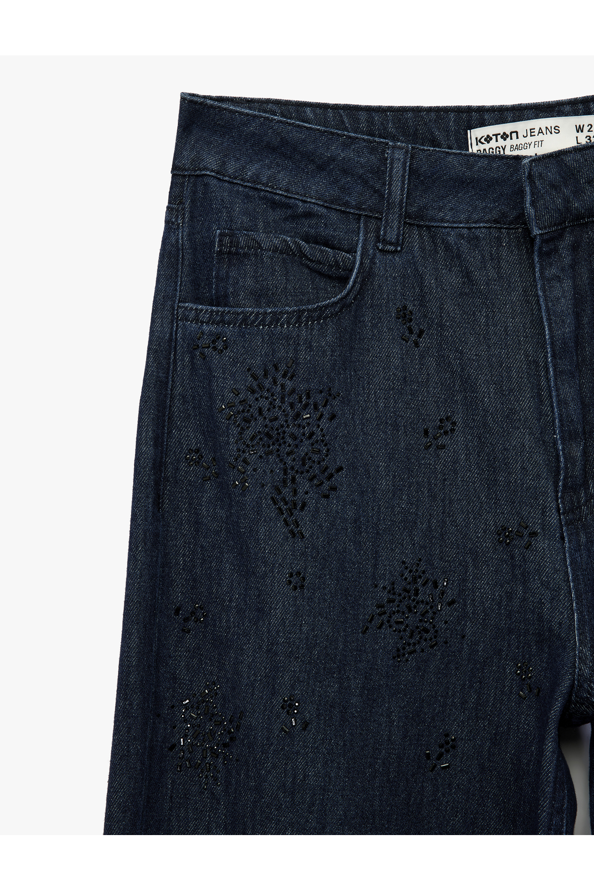 Pamuklu Rahat Kalıp Düz Paça Taşlı Jean Pantolon - Loose Straight Fit Jean