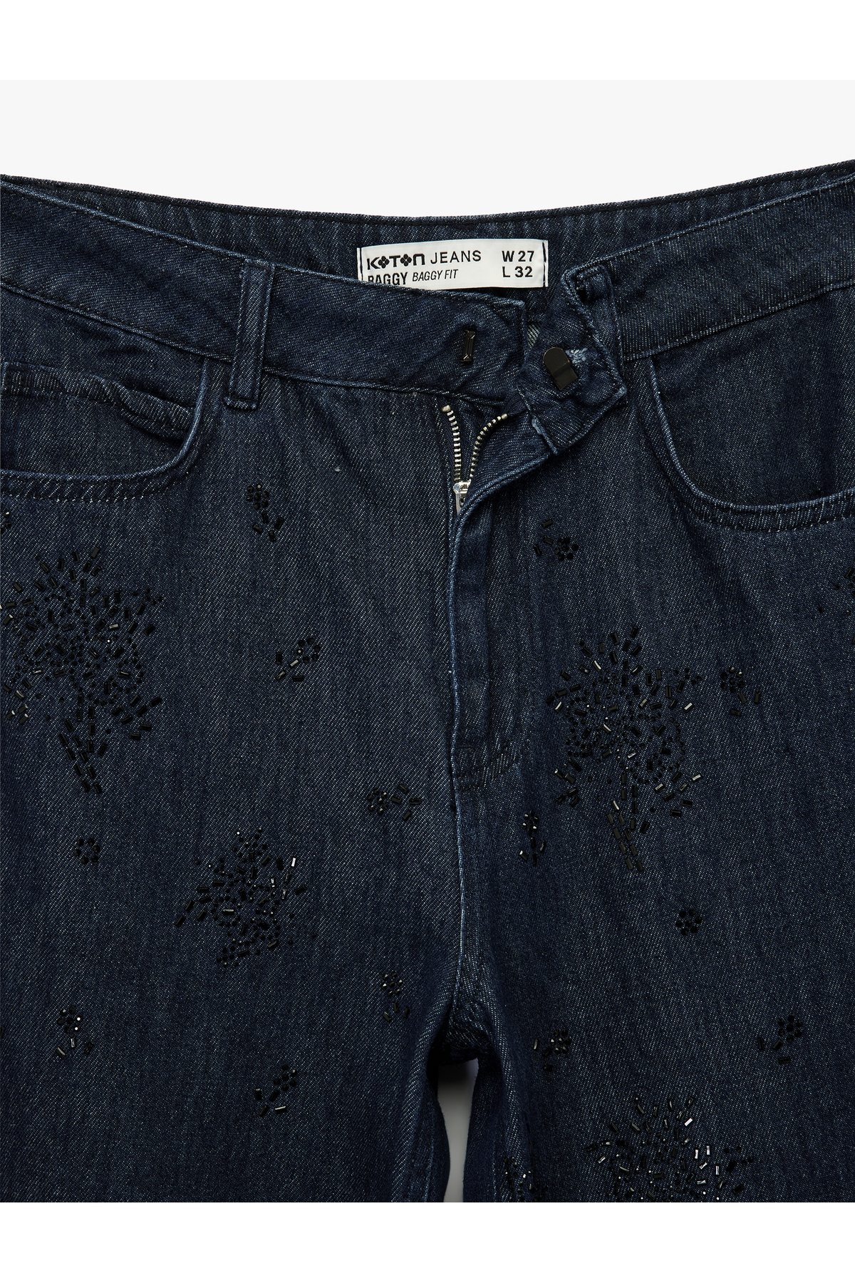 Pamuklu Rahat Kalıp Düz Paça Taşlı Jean Pantolon - Loose Straight Fit Jean