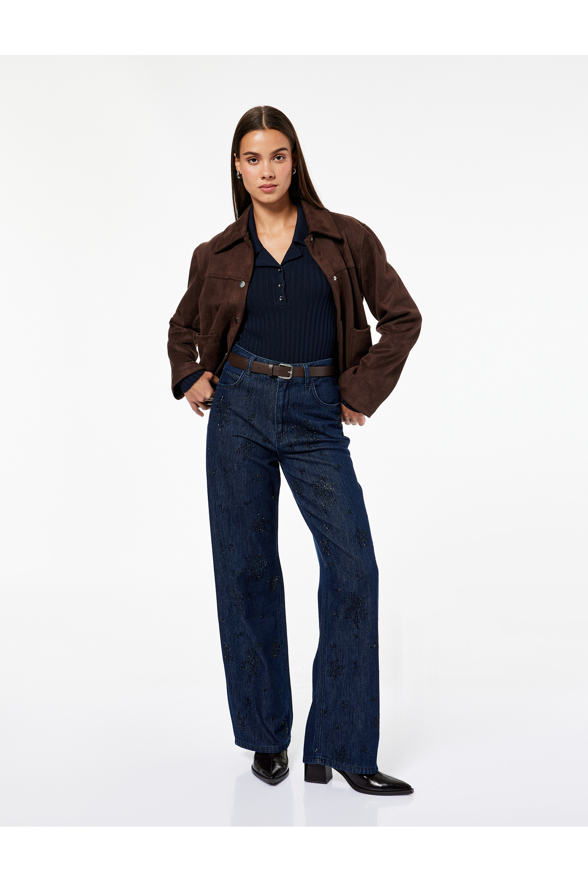 Pamuklu Rahat Kalıp Düz Paça Taşlı Jean Pantolon - Loose Straight Fit Jean