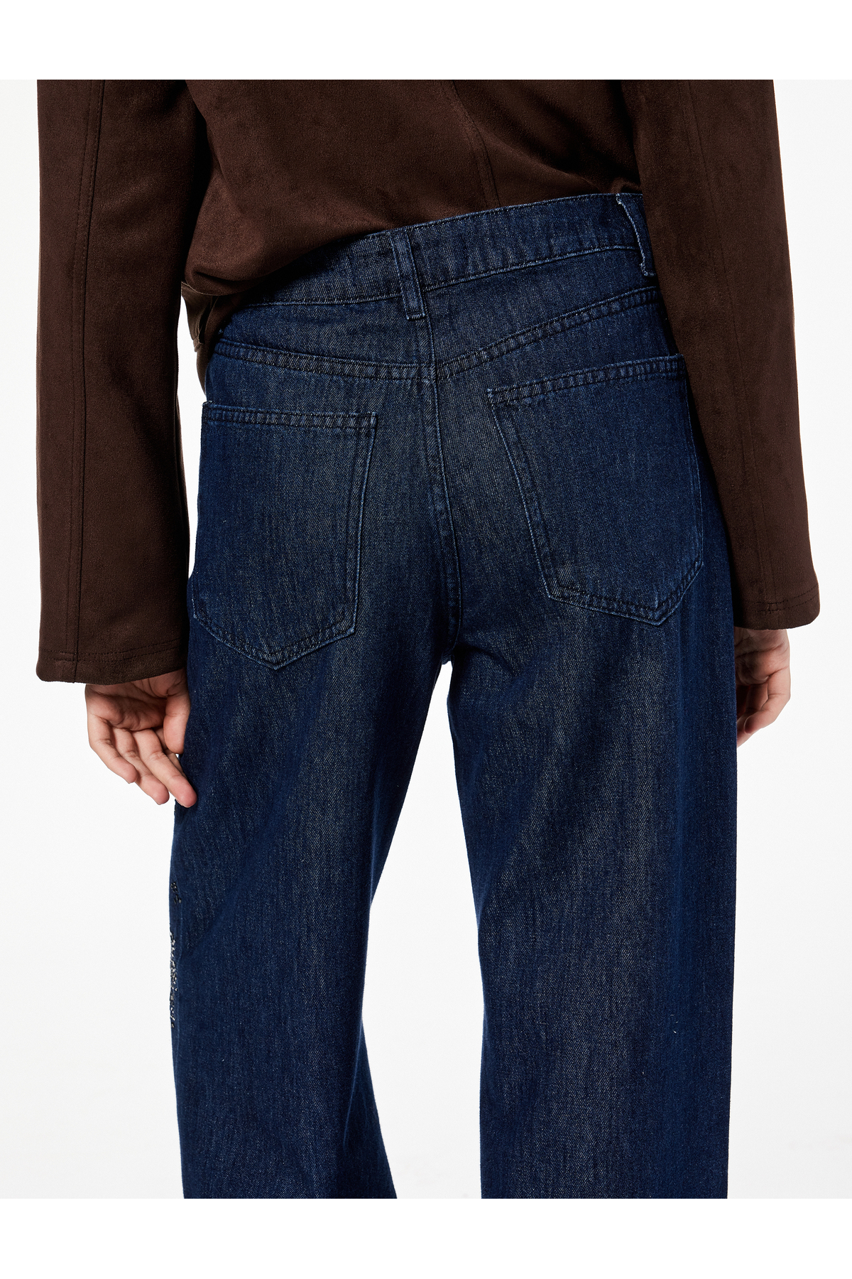 Pamuklu Rahat Kalıp Düz Paça Taşlı Jean Pantolon - Loose Straight Fit Jean
