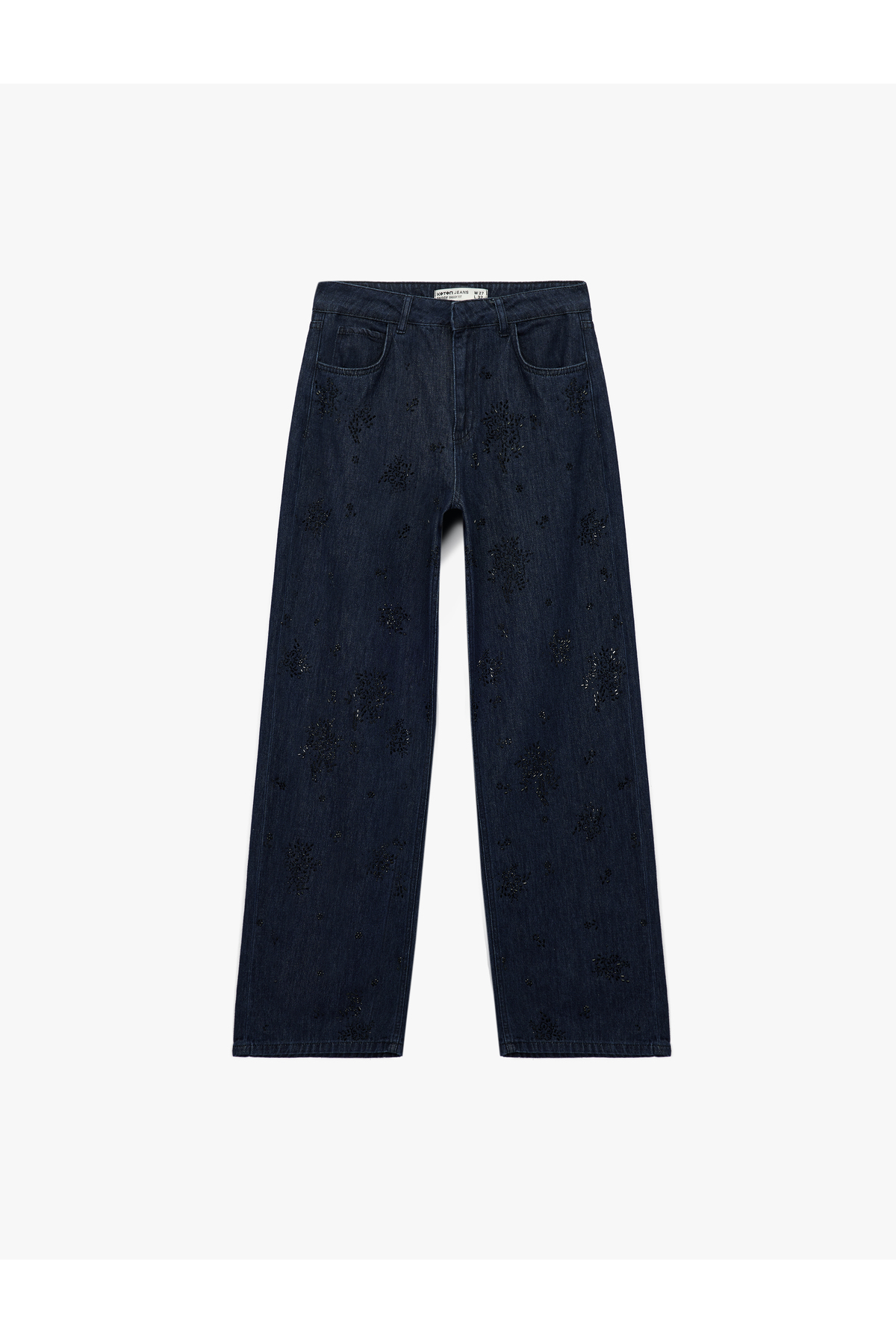 Pamuklu Rahat Kalıp Düz Paça Taşlı Jean Pantolon - Loose Straight Fit Jean