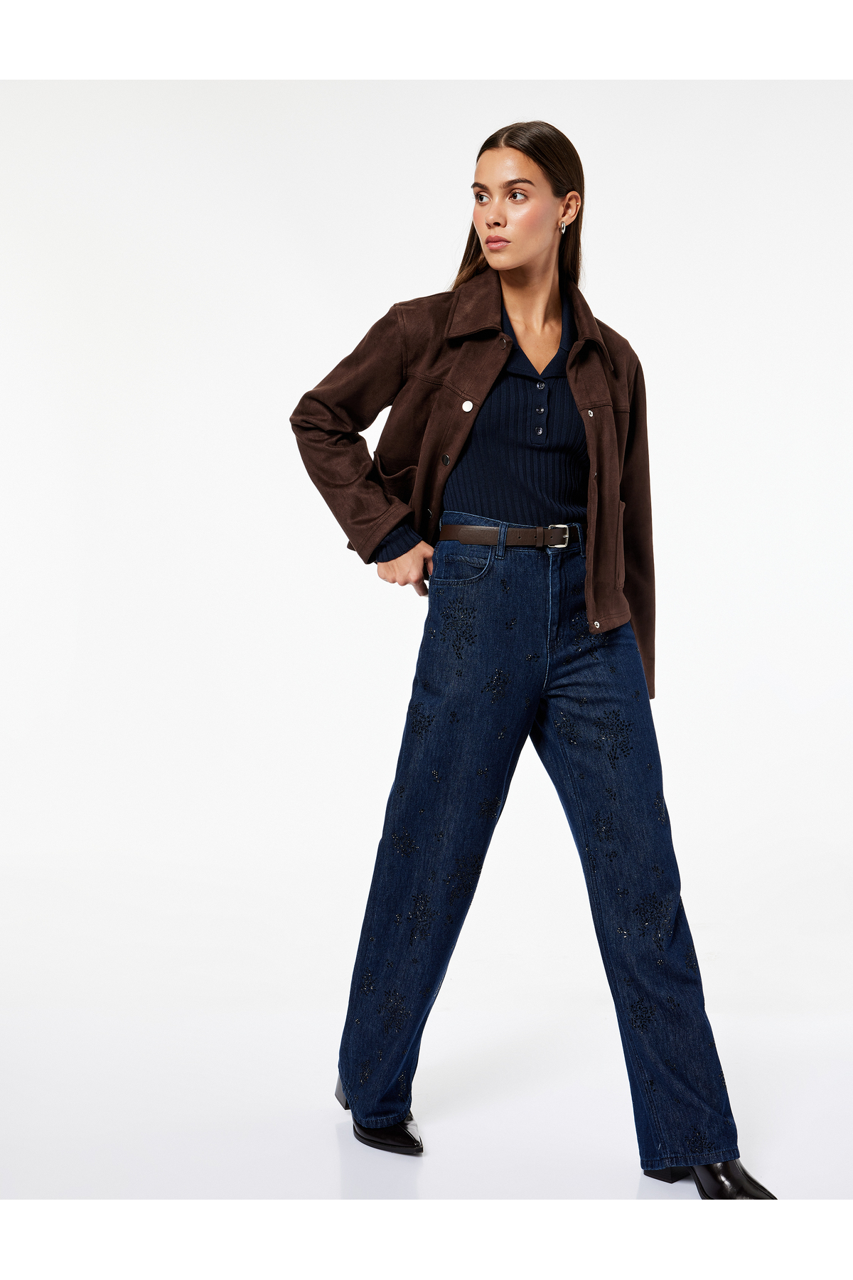 Pamuklu Rahat Kalıp Düz Paça Taşlı Jean Pantolon - Loose Straight Fit Jean