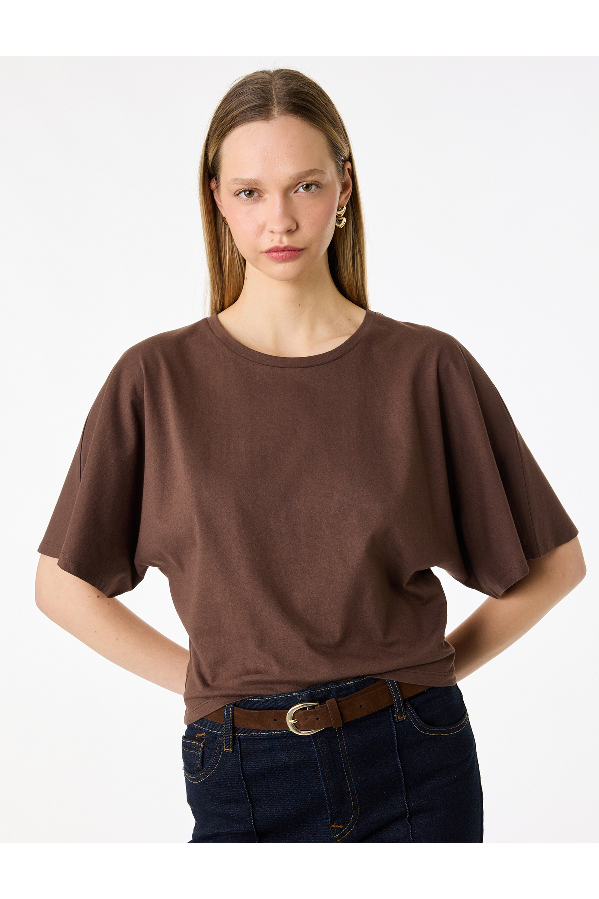 Pamuklu Slim Fit Kısa Yarasa Kollu Bisiklet Yaka Tişört