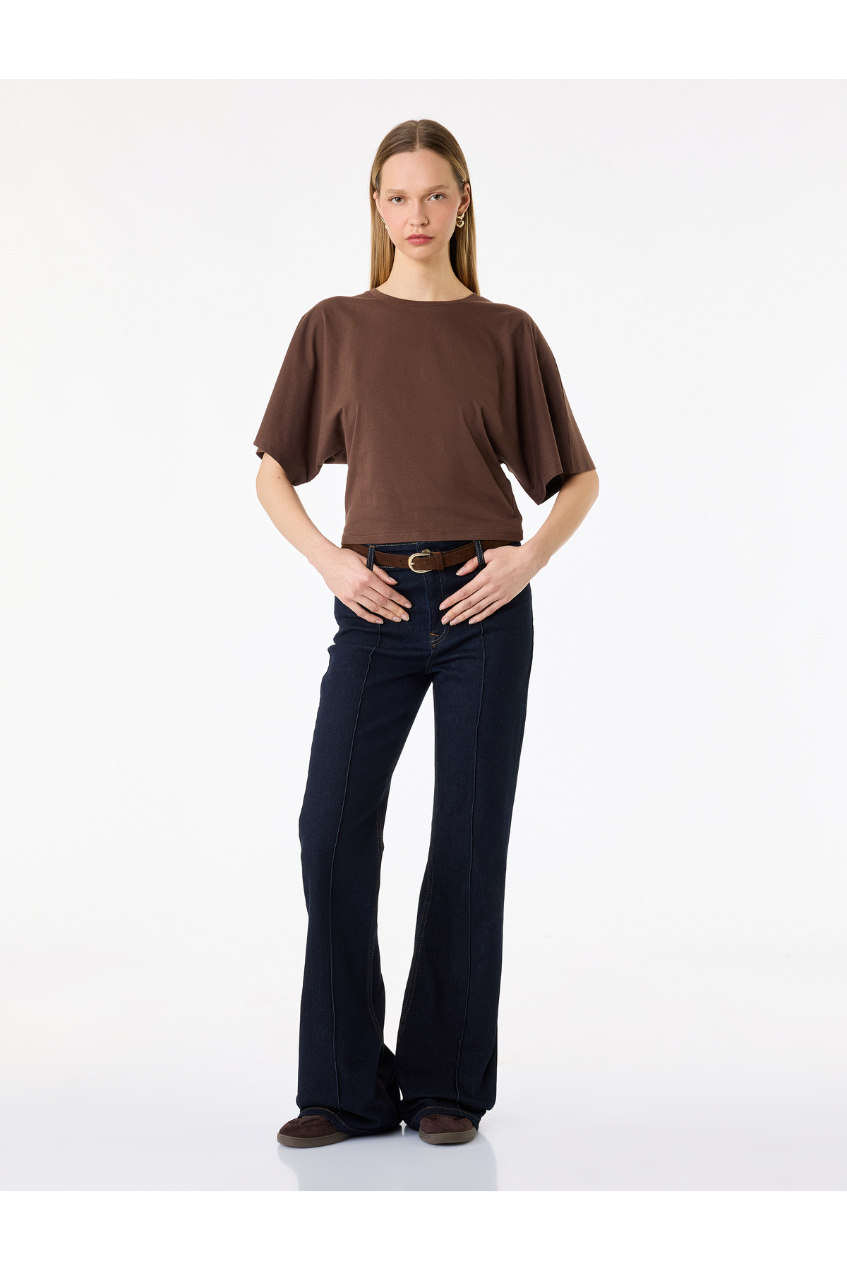 Pamuklu Slim Fit Kısa Yarasa Kollu Bisiklet Yaka Tişört