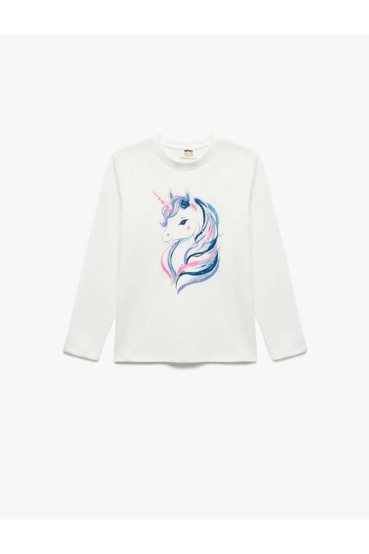 Pamuklu Uzun Kollu Bisiklet Yaka Unicorn Baskılı Tişört