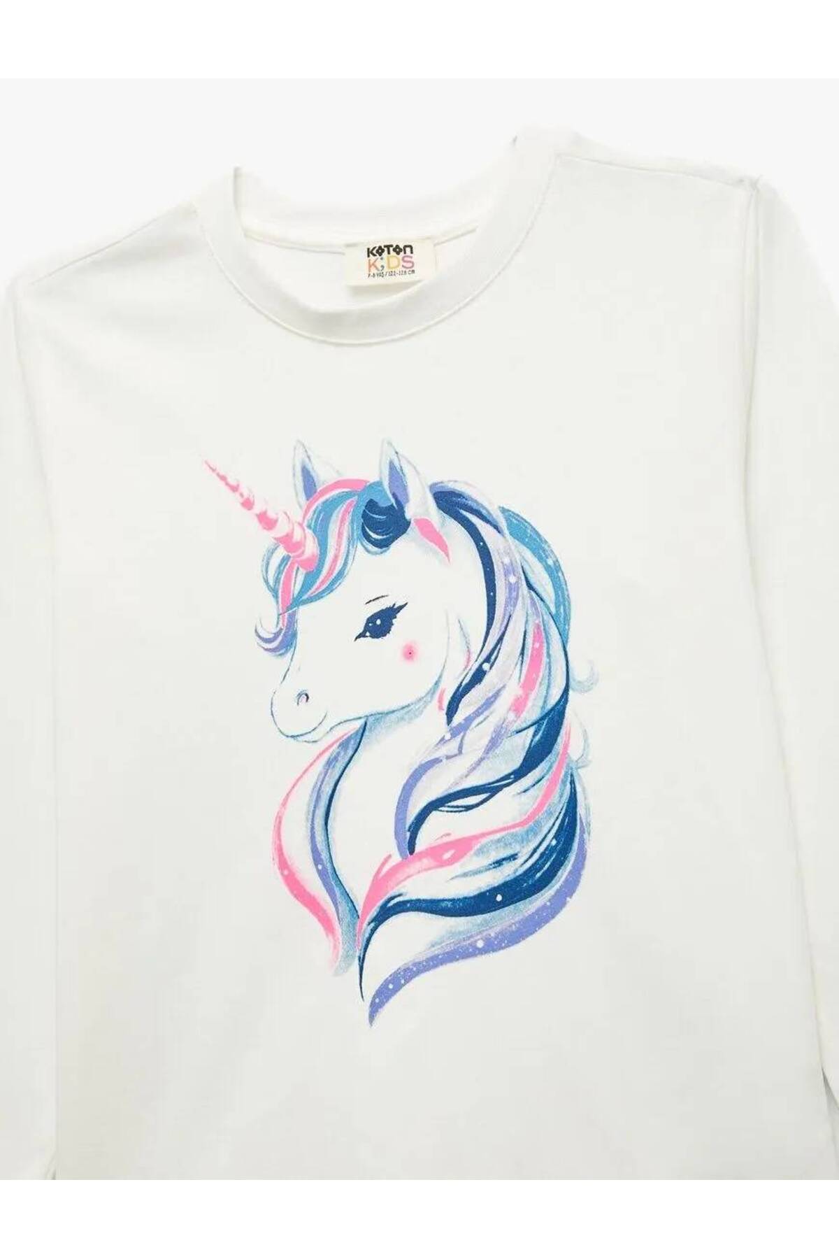 Pamuklu Uzun Kollu Bisiklet Yaka Unicorn Baskılı Tişört