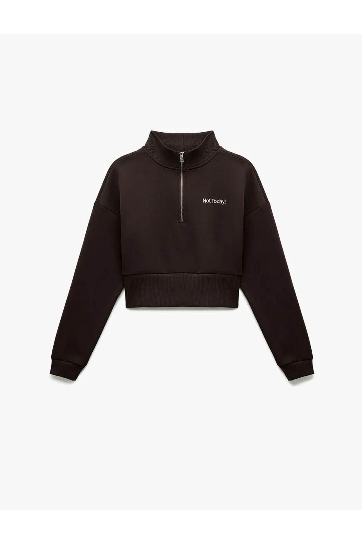 Pamuklu Yarım Fermuarlı Şardonlu Kahverengi Kadın Sweatshirt 6Wal10201Ik