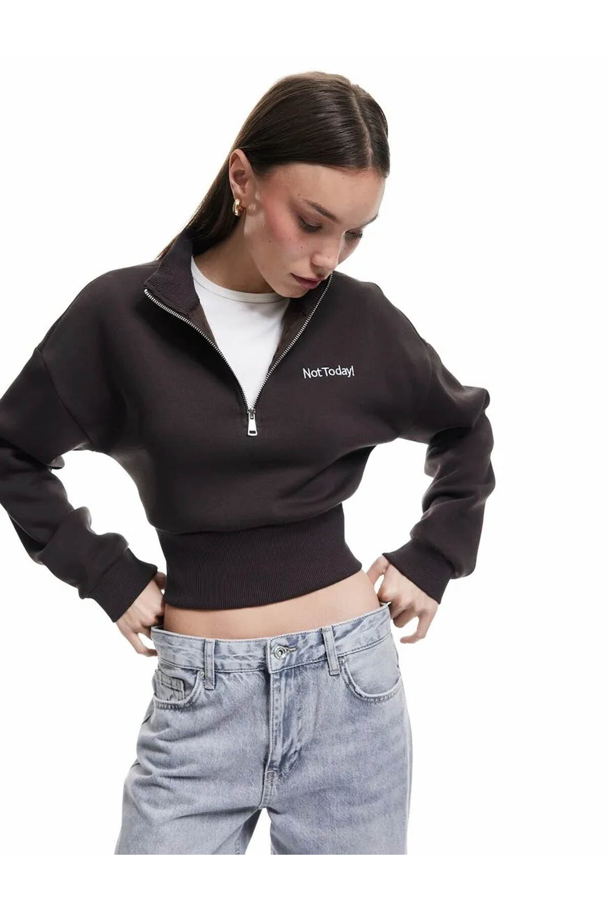 Pamuklu Yarım Fermuarlı Şardonlu Kahverengi Kadın Sweatshirt 6Wal10201Ik