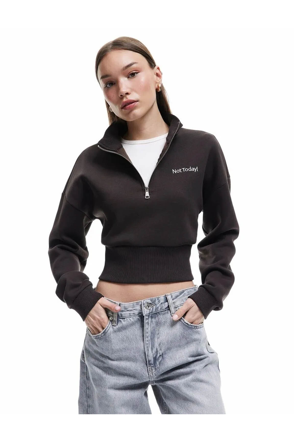 Pamuklu Yarım Fermuarlı Şardonlu Kahverengi Kadın Sweatshirt 6Wal10201Ik