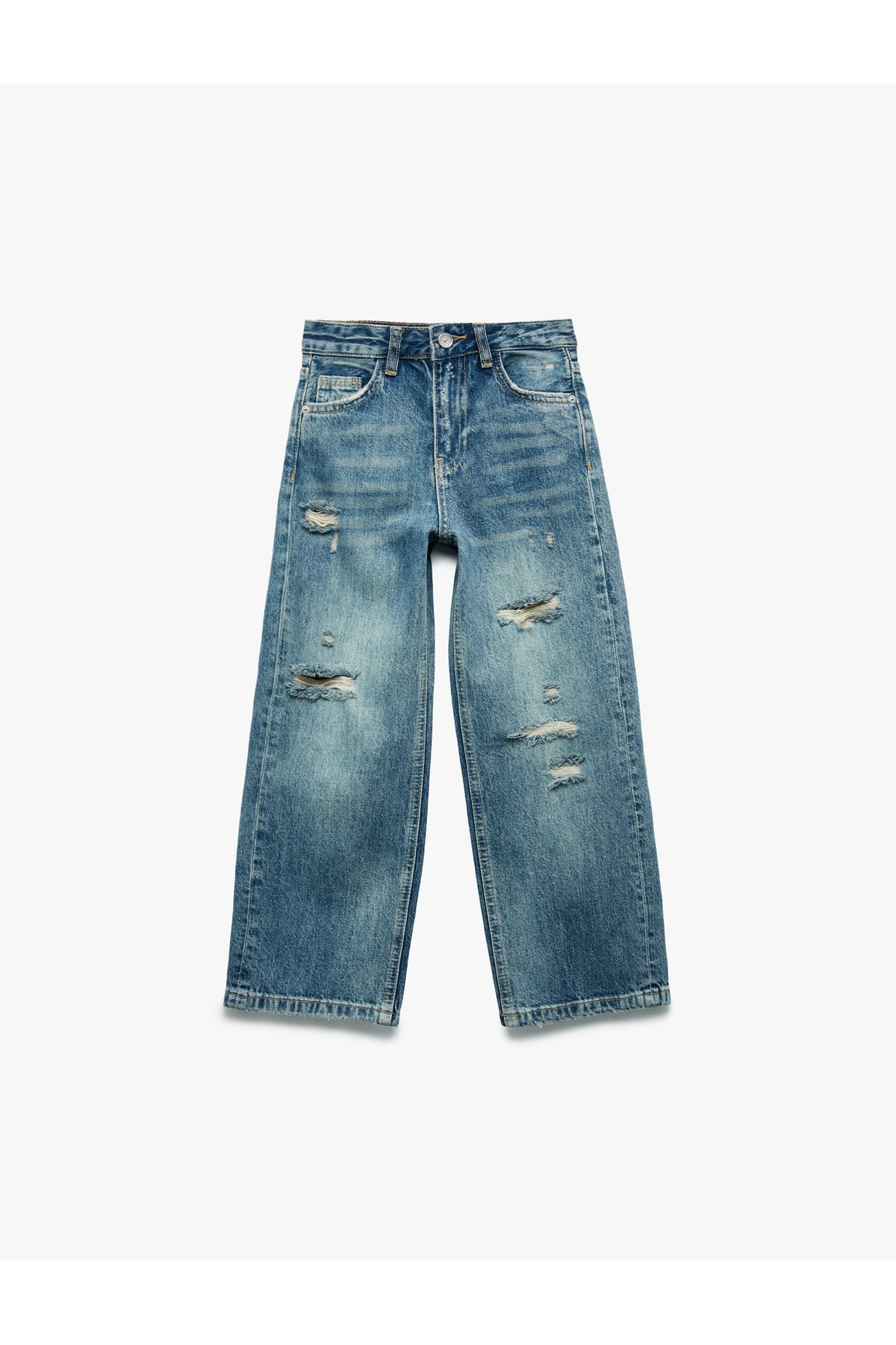 Pamuklu Yıpratma Detaylı Geniş Paça Denim Pantolon