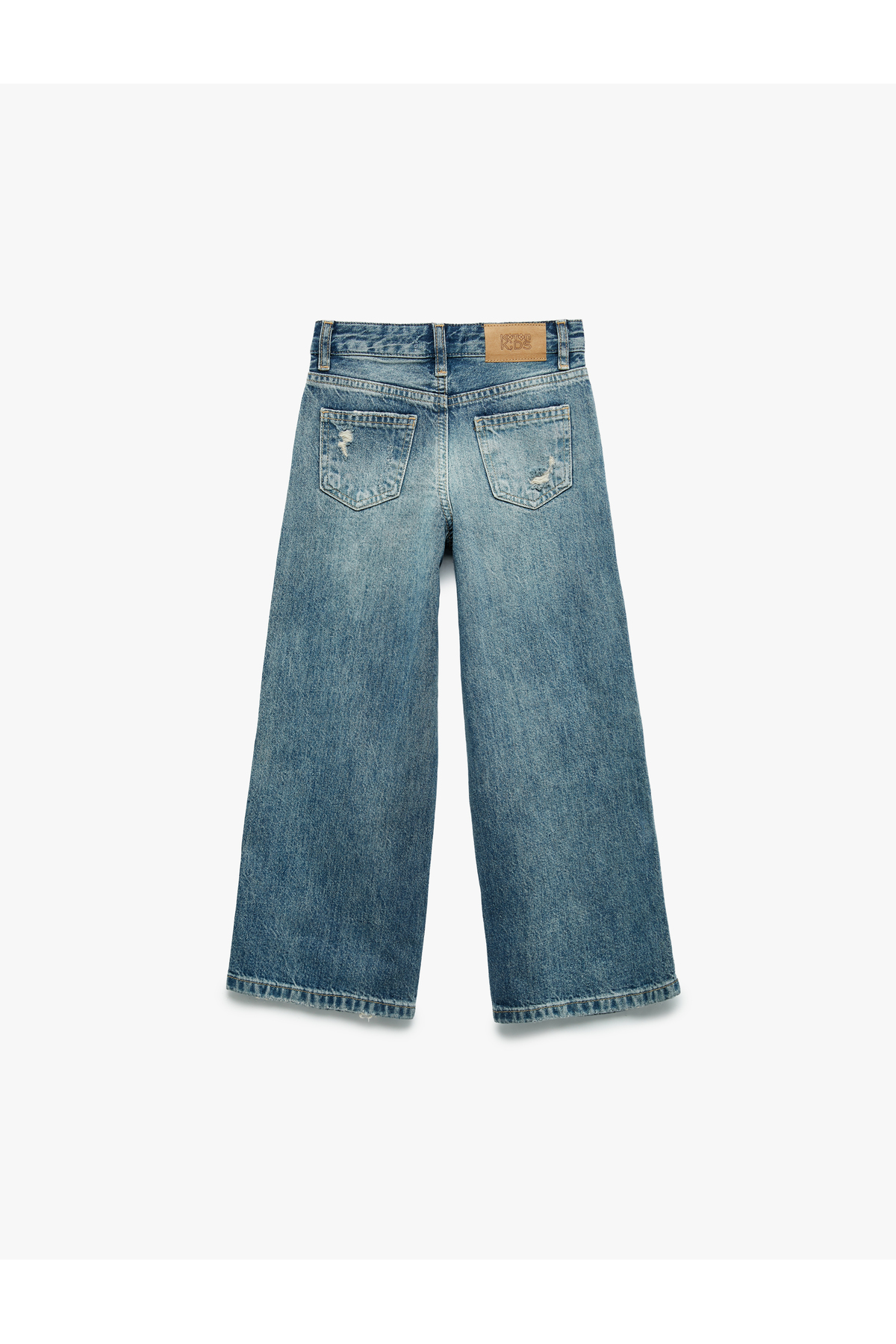 Pamuklu Yıpratma Detaylı Geniş Paça Denim Pantolon
