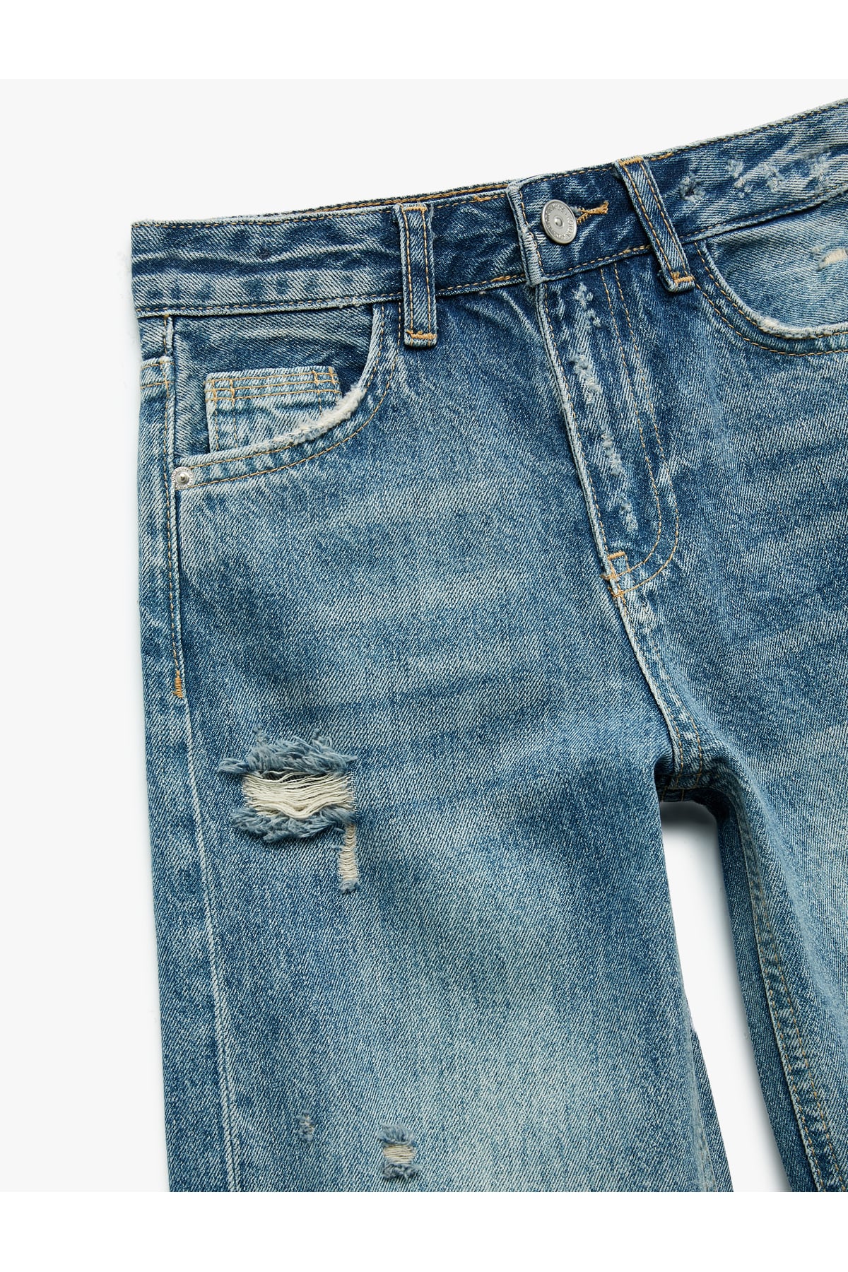 Pamuklu Yıpratma Detaylı Geniş Paça Denim Pantolon
