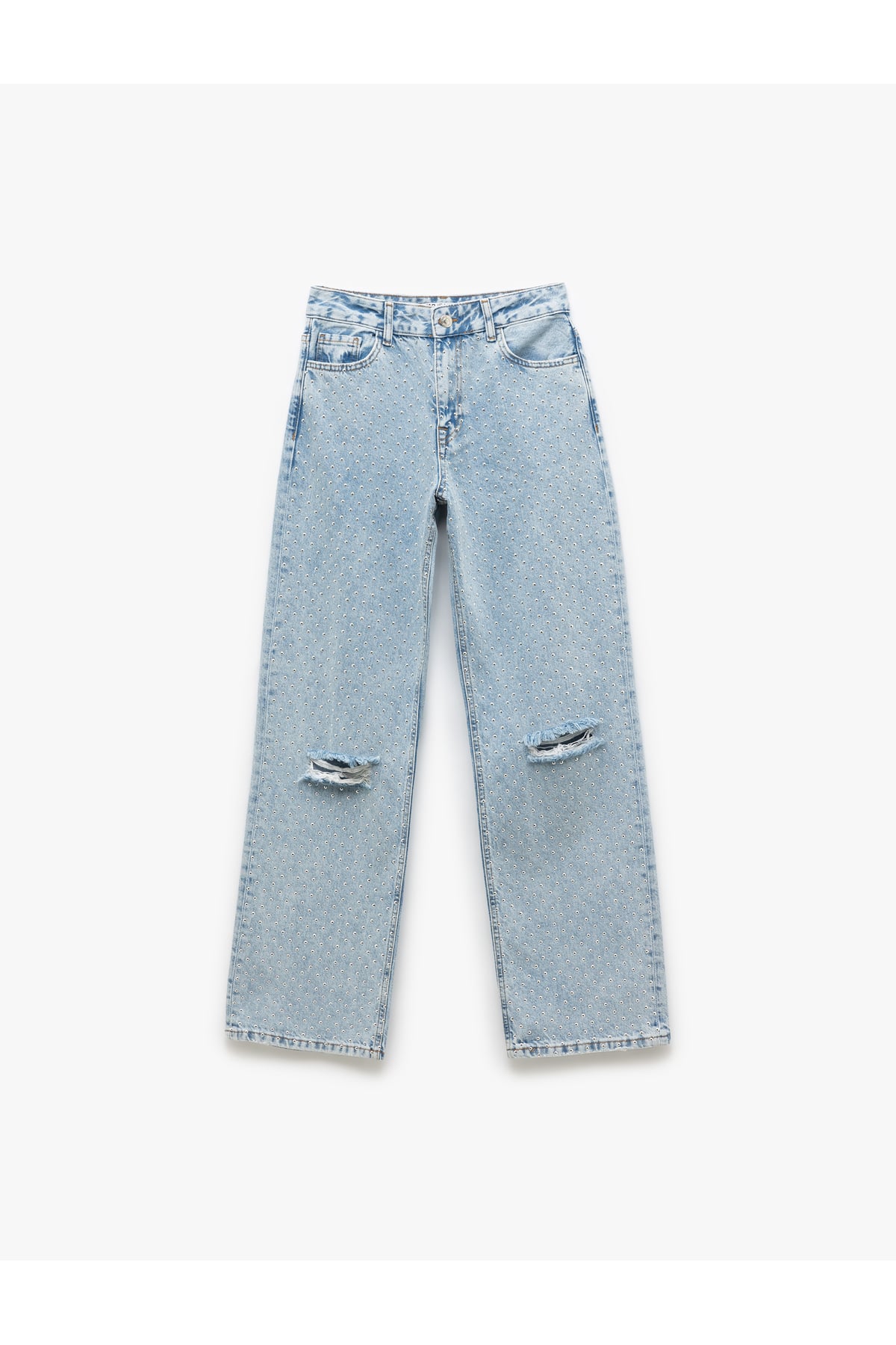 Pamuklu Yıpratma Detaylı Taşlı Straight Fit Jean Pantolon -  Longer Straight Fit Jean