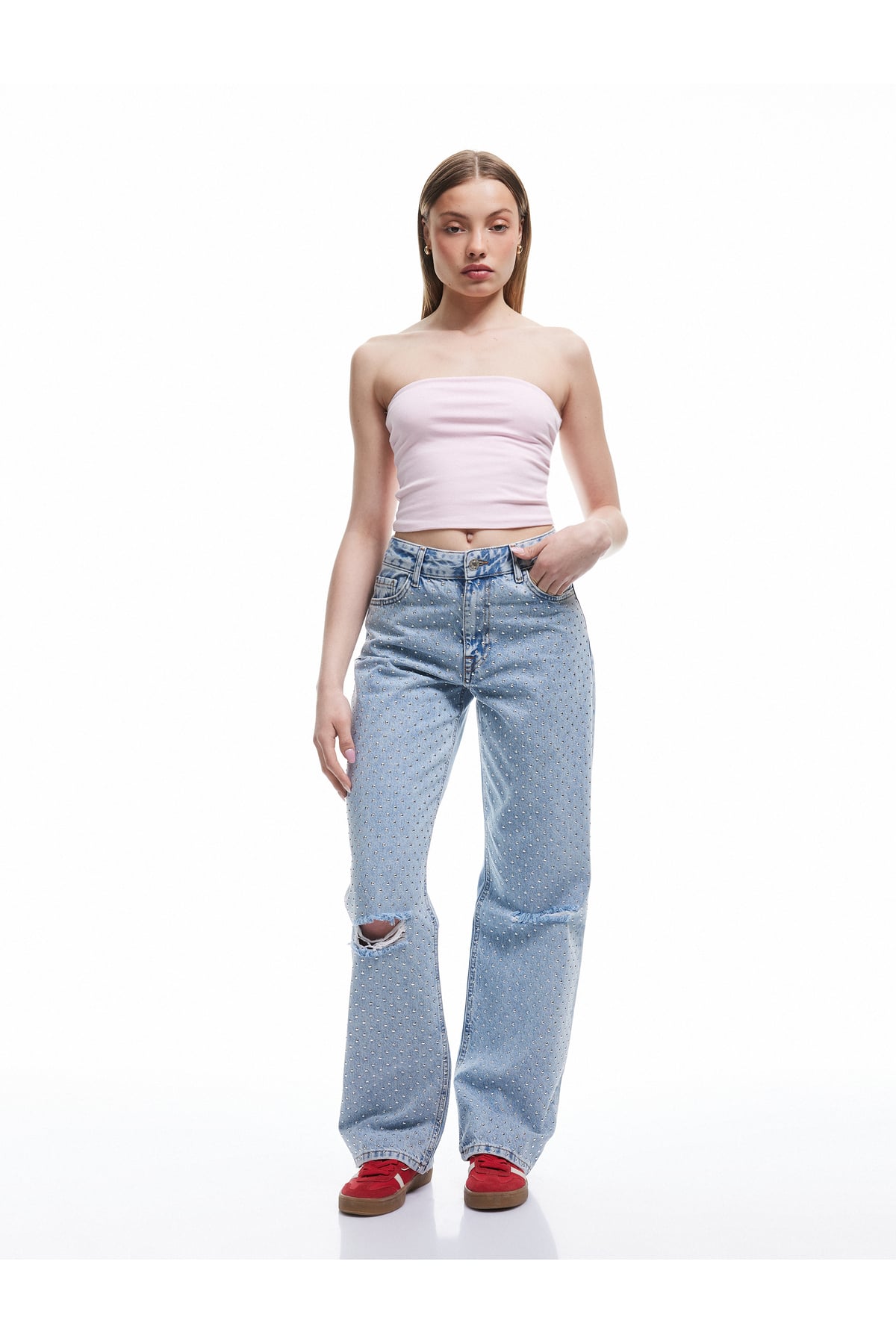 Pamuklu Yıpratma Detaylı Taşlı Straight Fit Jean Pantolon -  Longer Straight Fit Jean