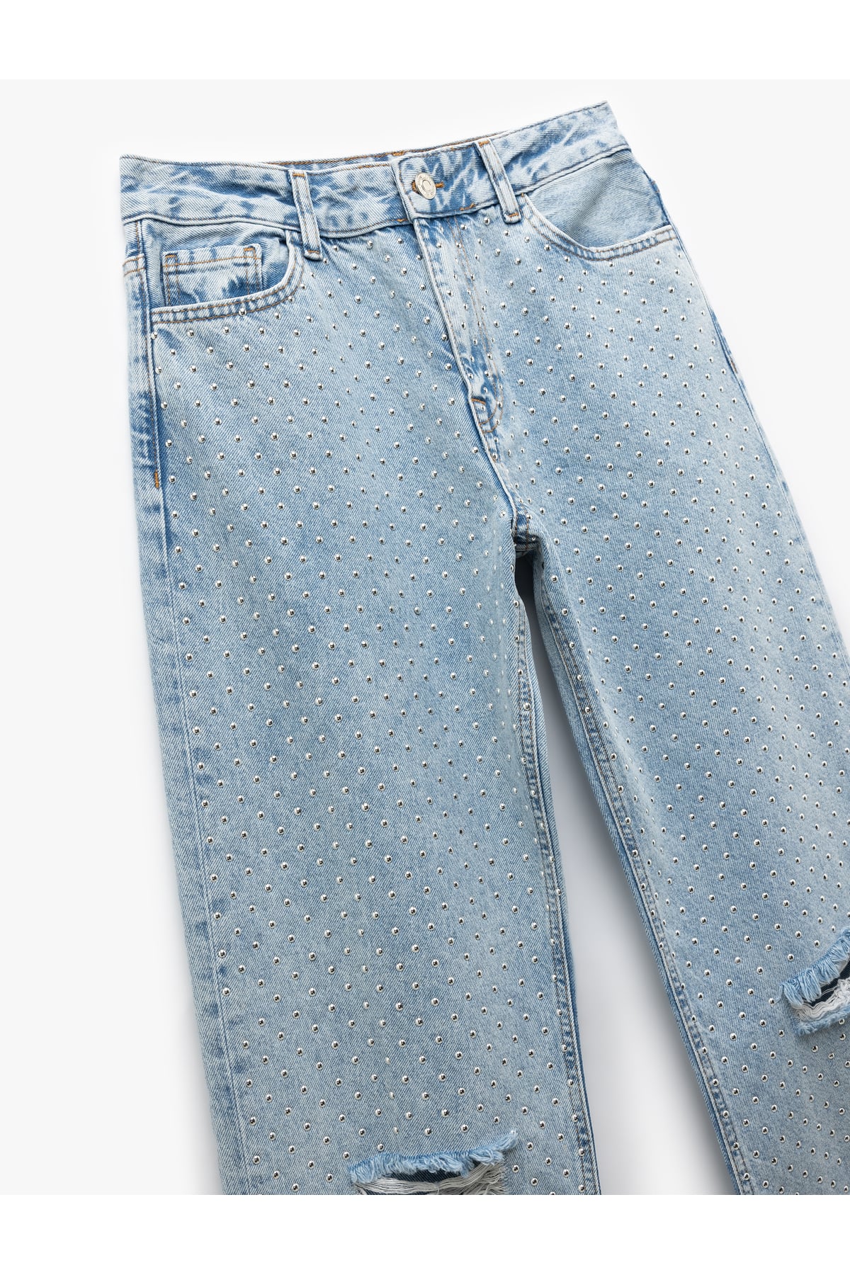 Pamuklu Yıpratma Detaylı Taşlı Straight Fit Jean Pantolon -  Longer Straight Fit Jean