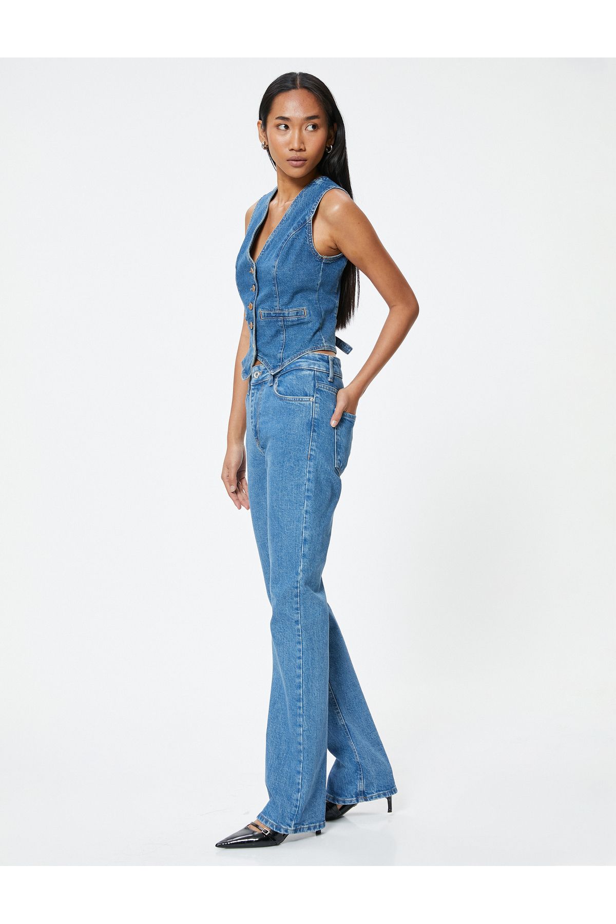 Pullu Payetli Kot Pantolon Yüksek Bel Yırtmaç Detaylı - Victoria Slim Flare Jeans