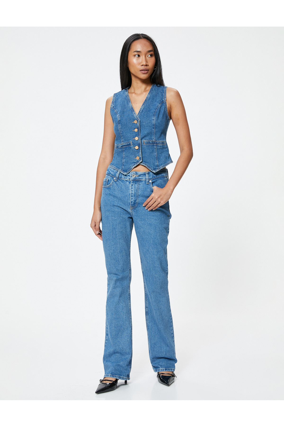 Pullu Payetli Kot Pantolon Yüksek Bel Yırtmaç Detaylı - Victoria Slim Flare Jeans