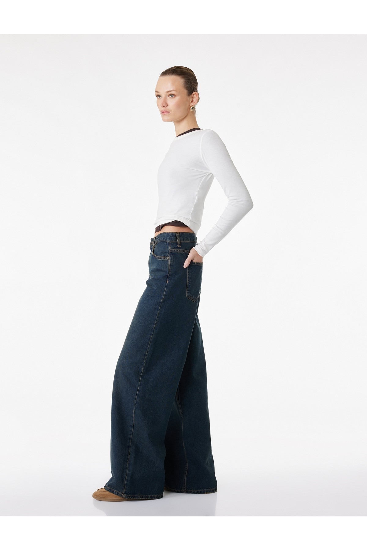 Rahat Kalıp Düz Paça Düğmeli Cepli Denim Pantolon - Loose Straight Fit Jean