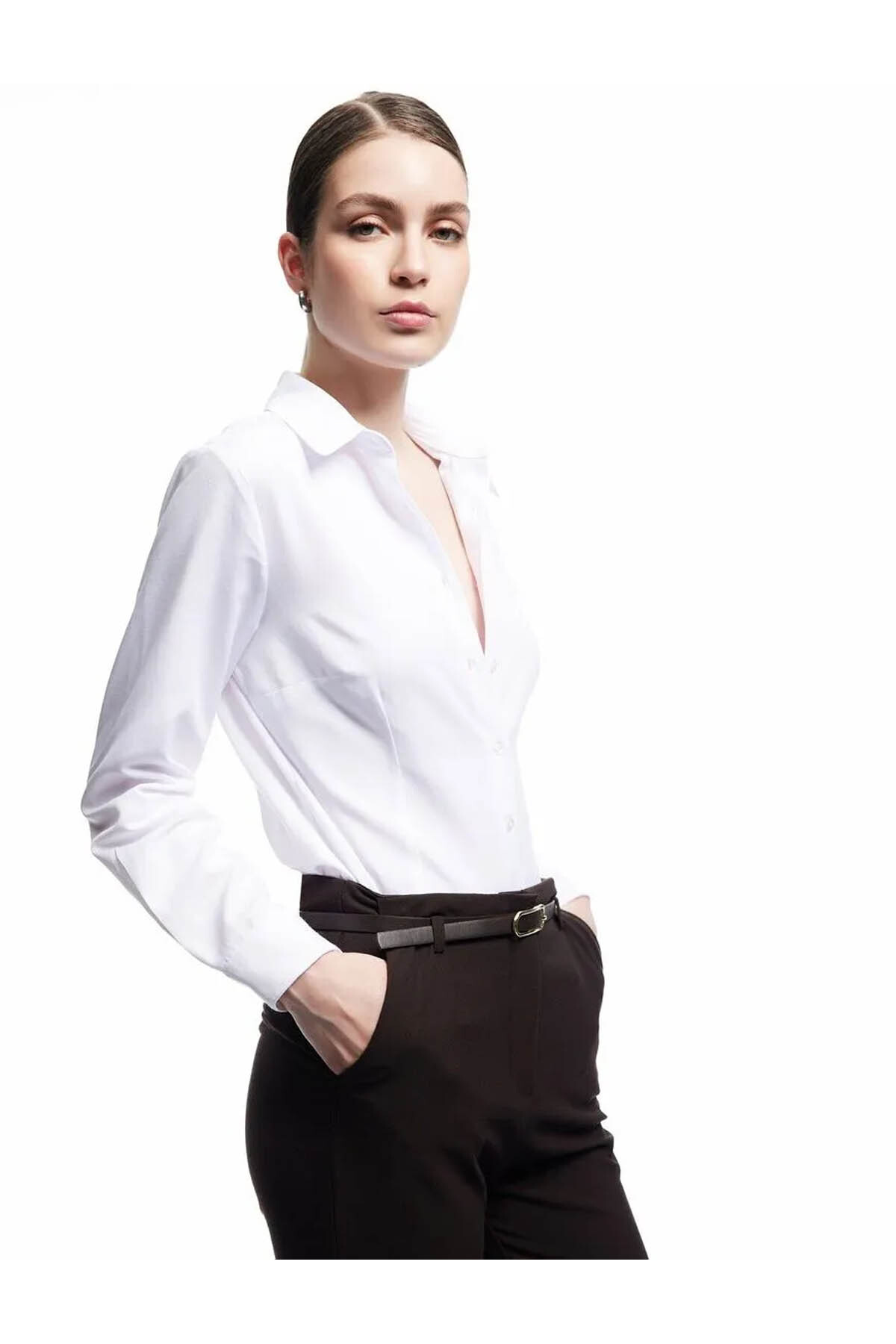 Regular Fit Klasik Yaka Beyaz Kadın Gömlek 6Wak60035Uw