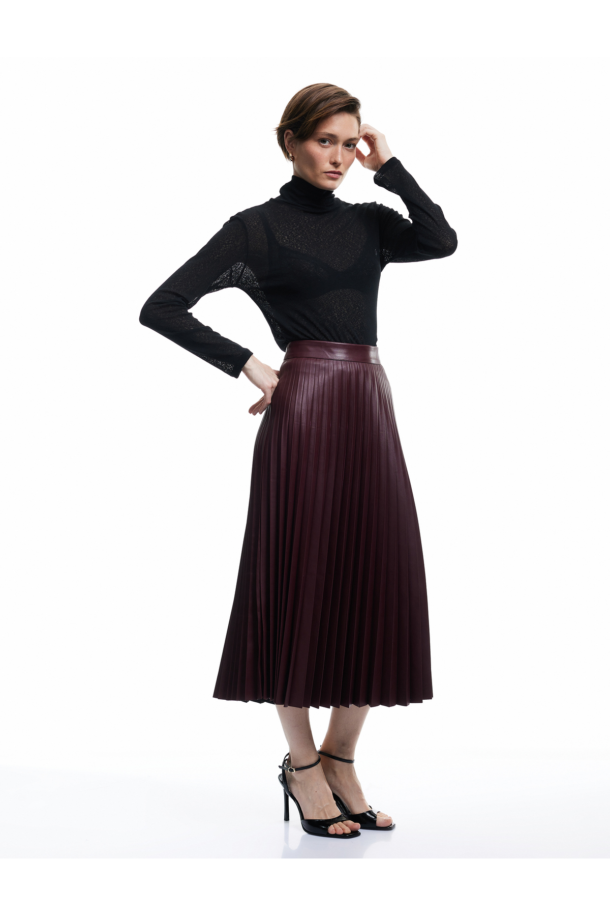 Regular Fit Midi Boy Pileli Midi Boy Suni Deri Etek