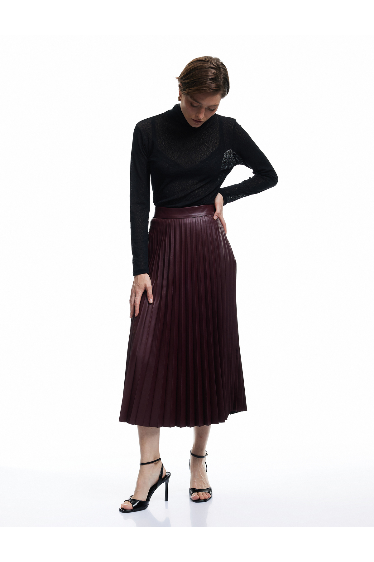 Regular Fit Midi Boy Pileli Midi Boy Suni Deri Etek