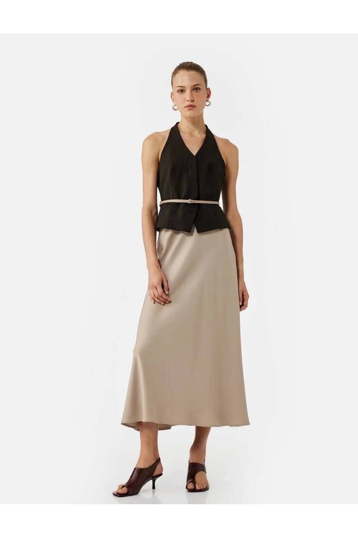 Regular Fit Midi Boy Saten Kloş Etek