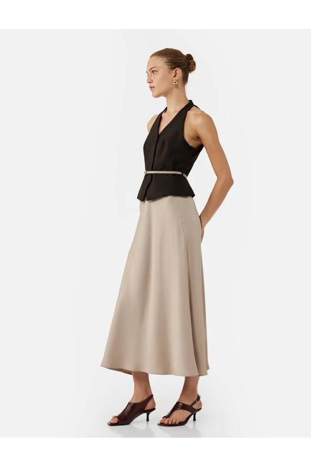 Regular Fit Midi Boy Saten Kloş Etek