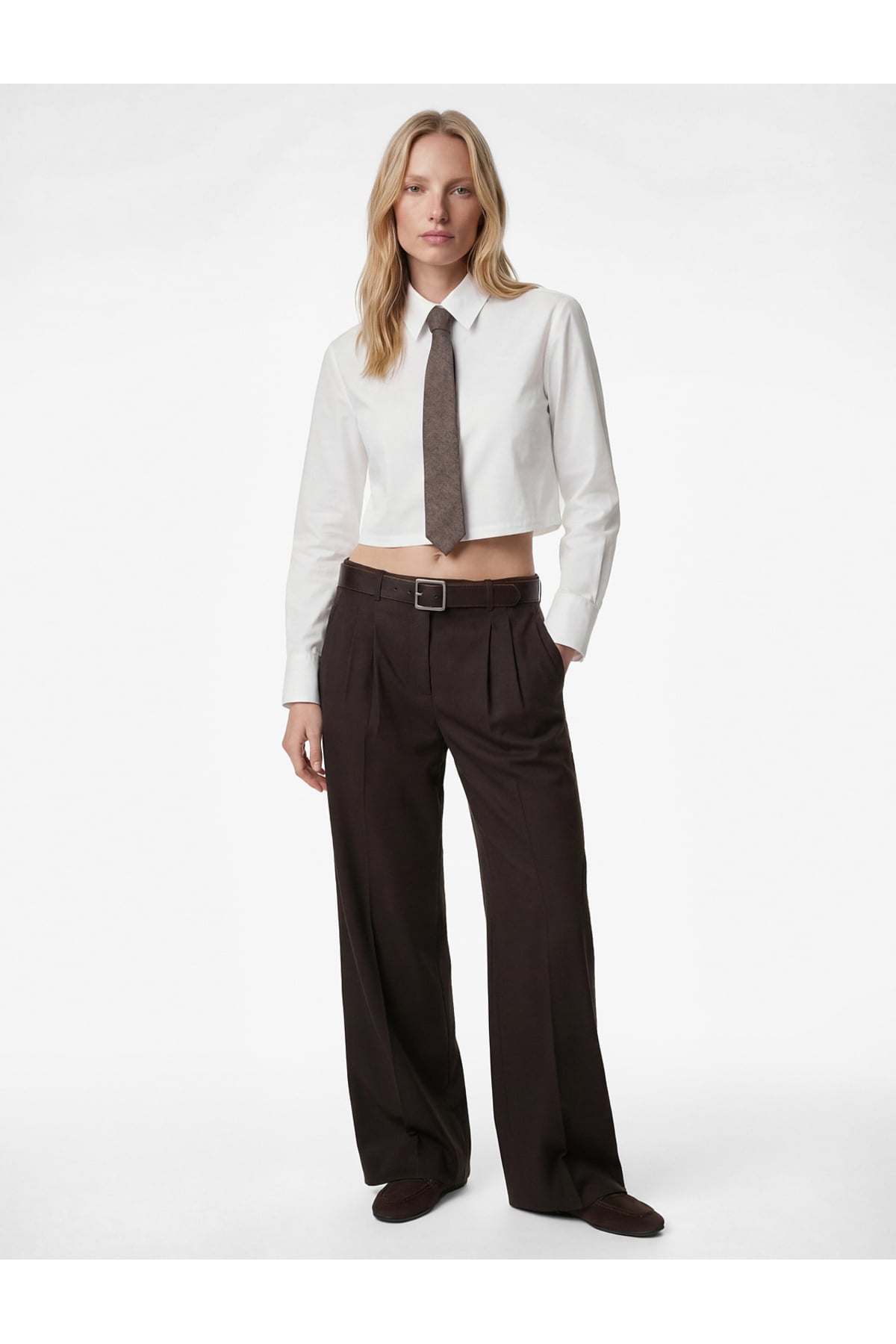 Regular Fit Uzun Kollu Klasik Yaka Crop Gömlek