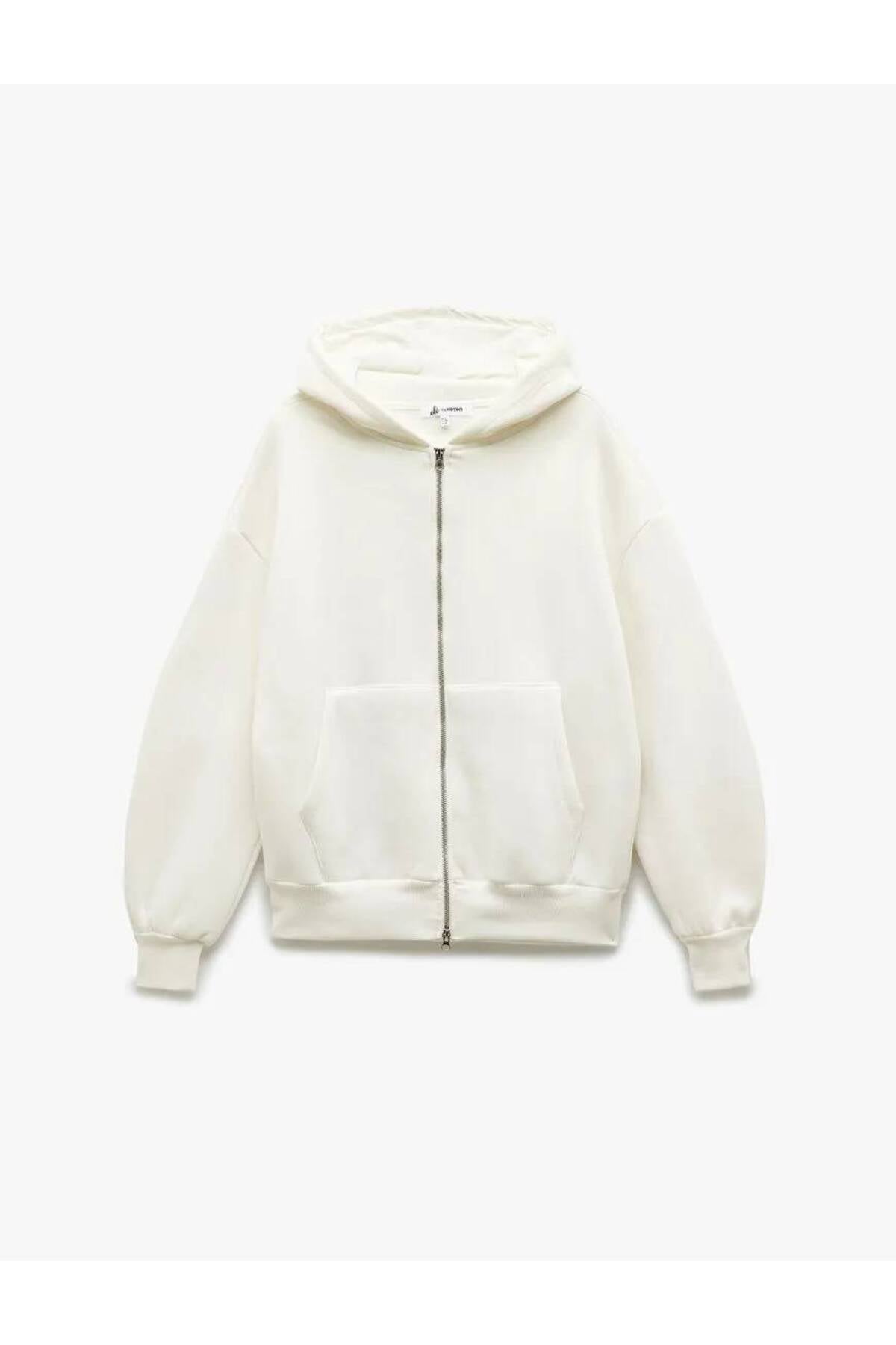 Şardonlu Kapşonlu Uzun Kollu Fermuarlı Sweatshirt