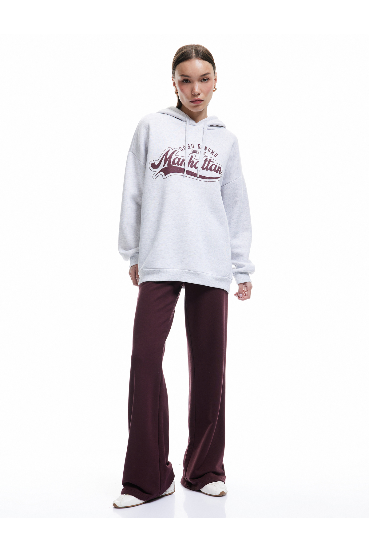 Şardonlu Kapüşonlu Baskılı Oversize Sweatshirt
