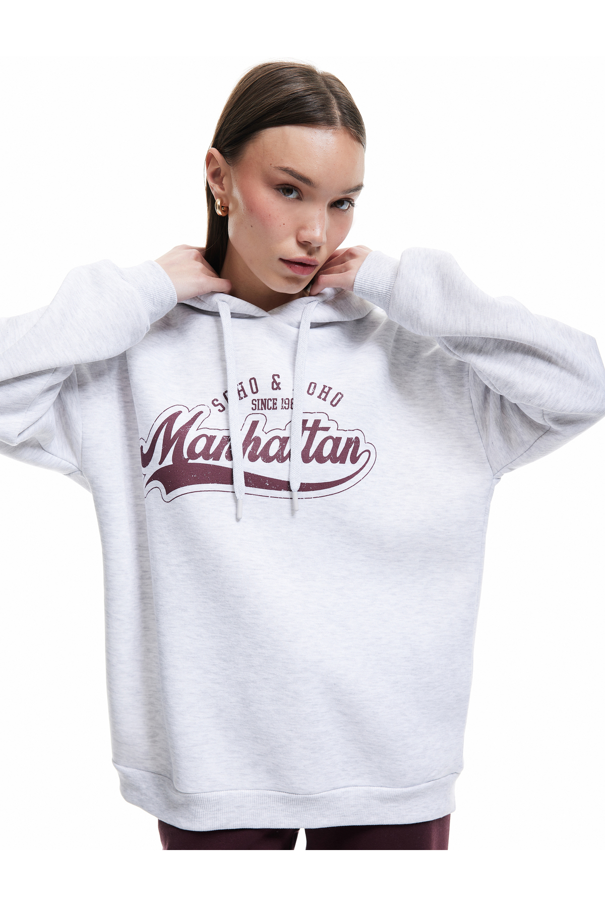 Şardonlu Kapüşonlu Baskılı Oversize Sweatshirt