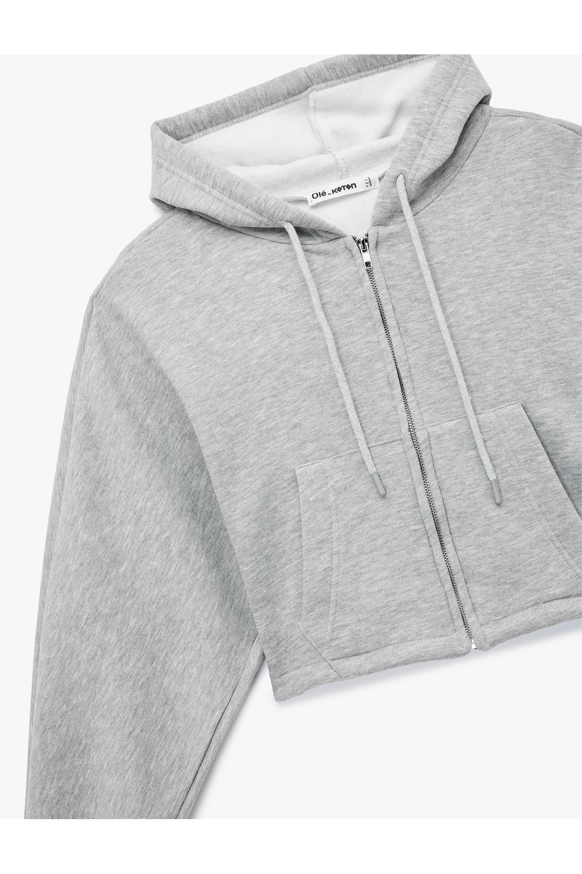 Şardonlu Kapüşonlu Baskılı Simli Cep Detaylı Fermuarlı Sweatshirt